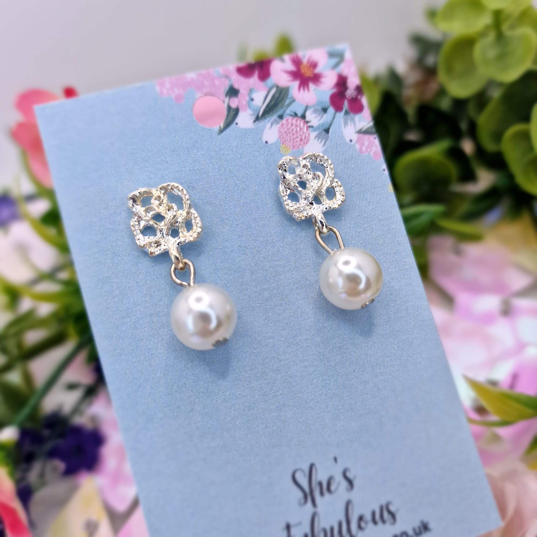 Eleanor Flower Design And Pearl Drop Earring