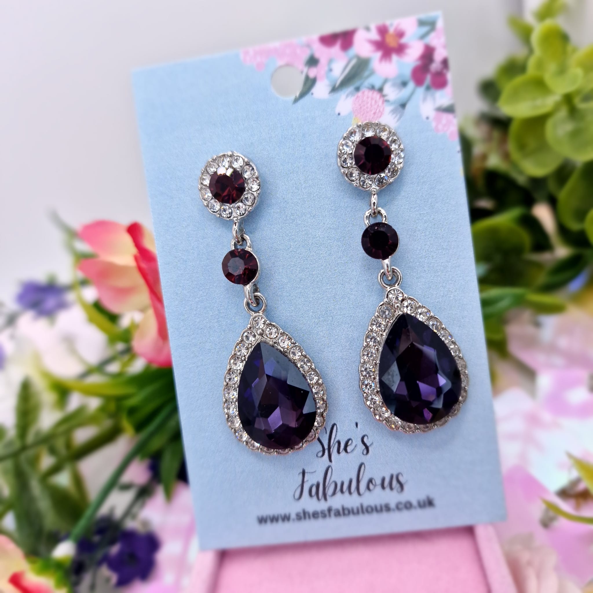 Everley Red And Purple Diamond Drop Earrings