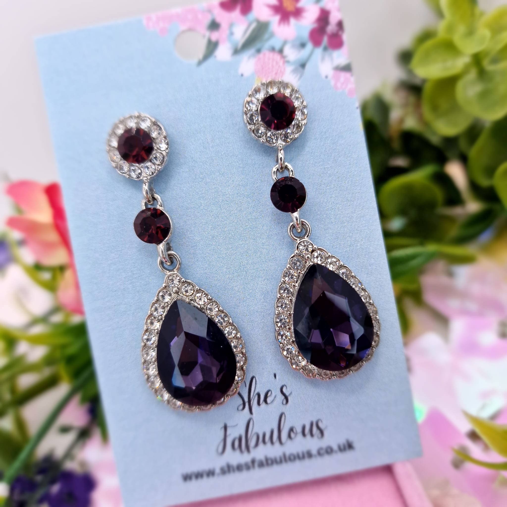 Everley Red And Purple Diamond Drop Earrings