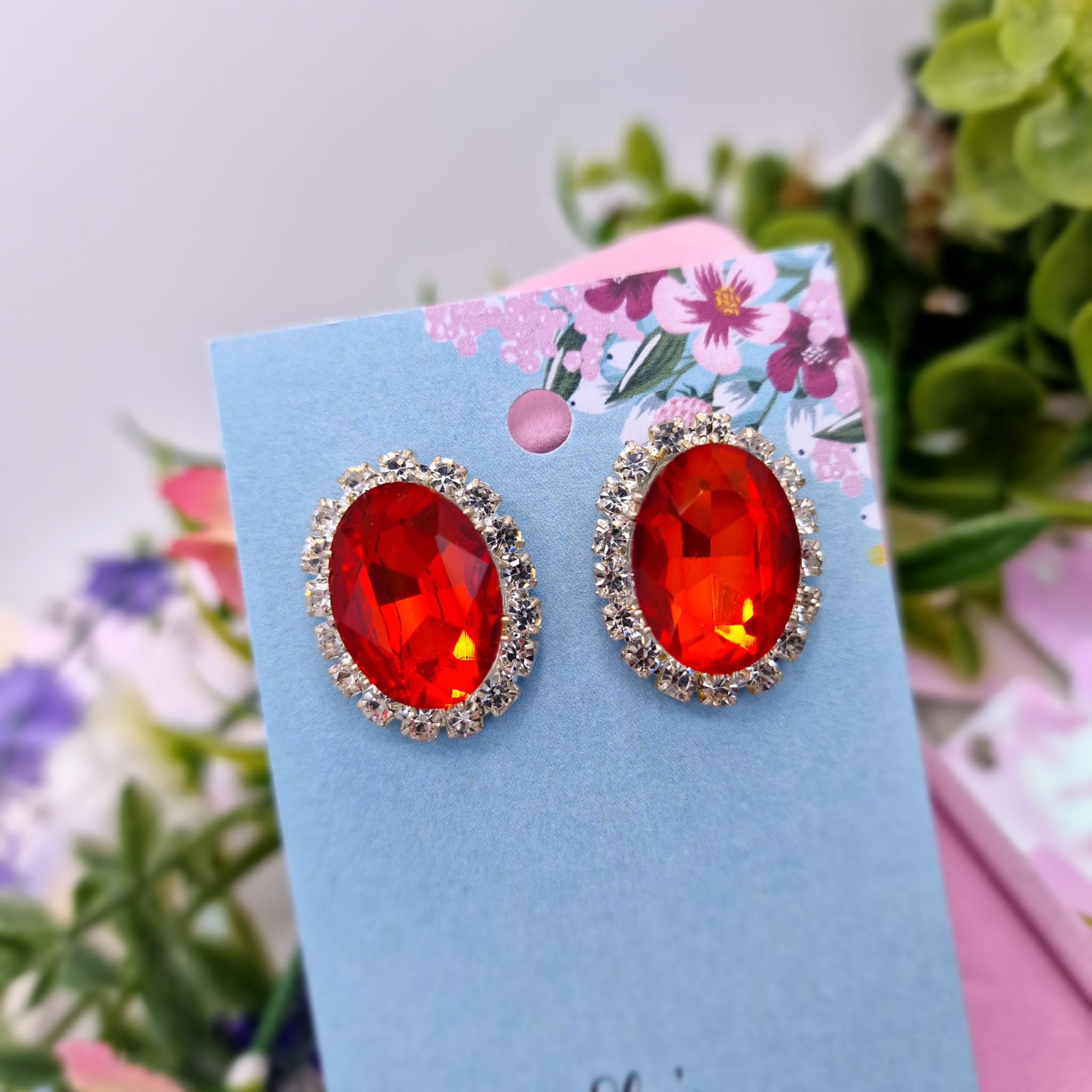 Enya Red Oval Crystal Earrings
