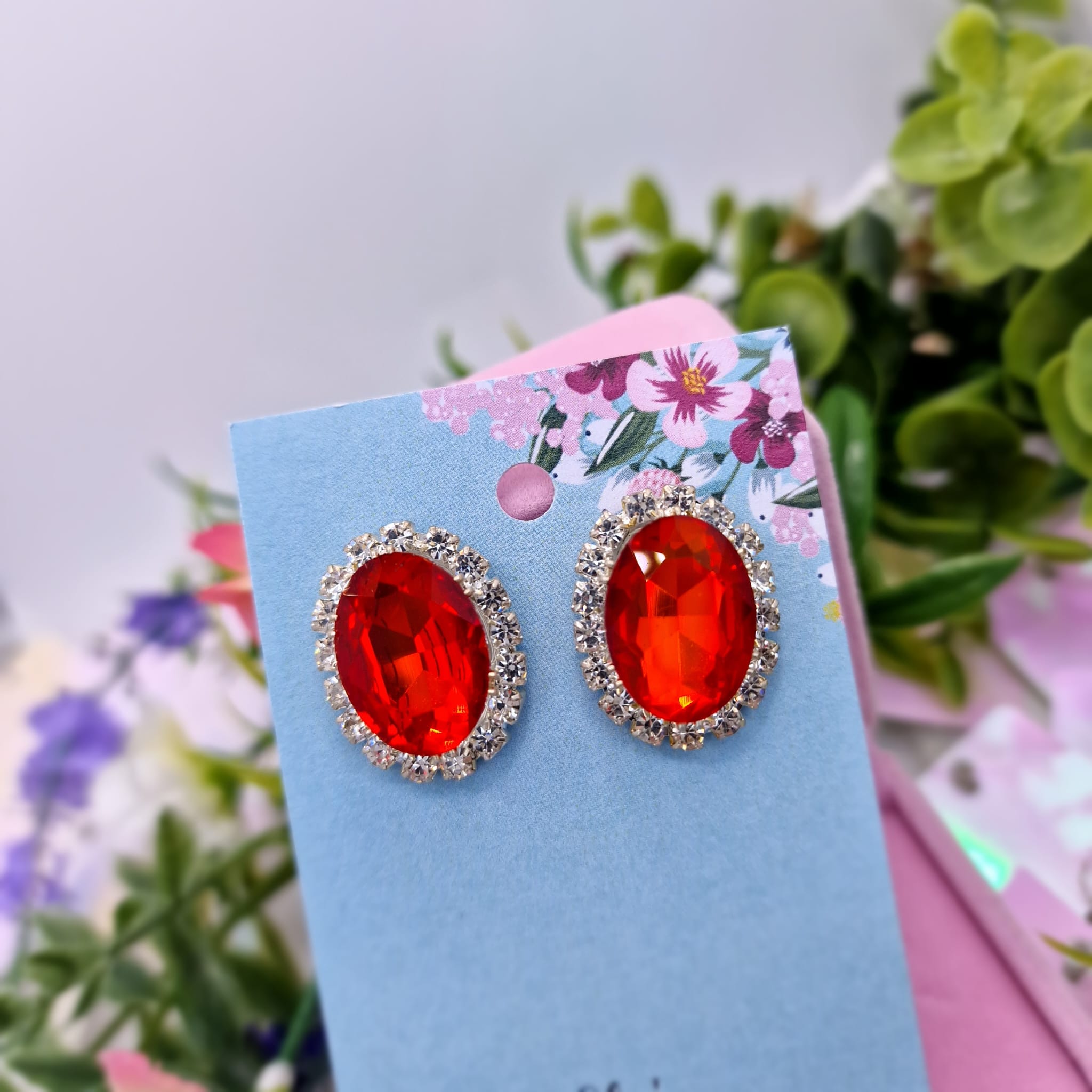Enya Red Oval Crystal Earrings