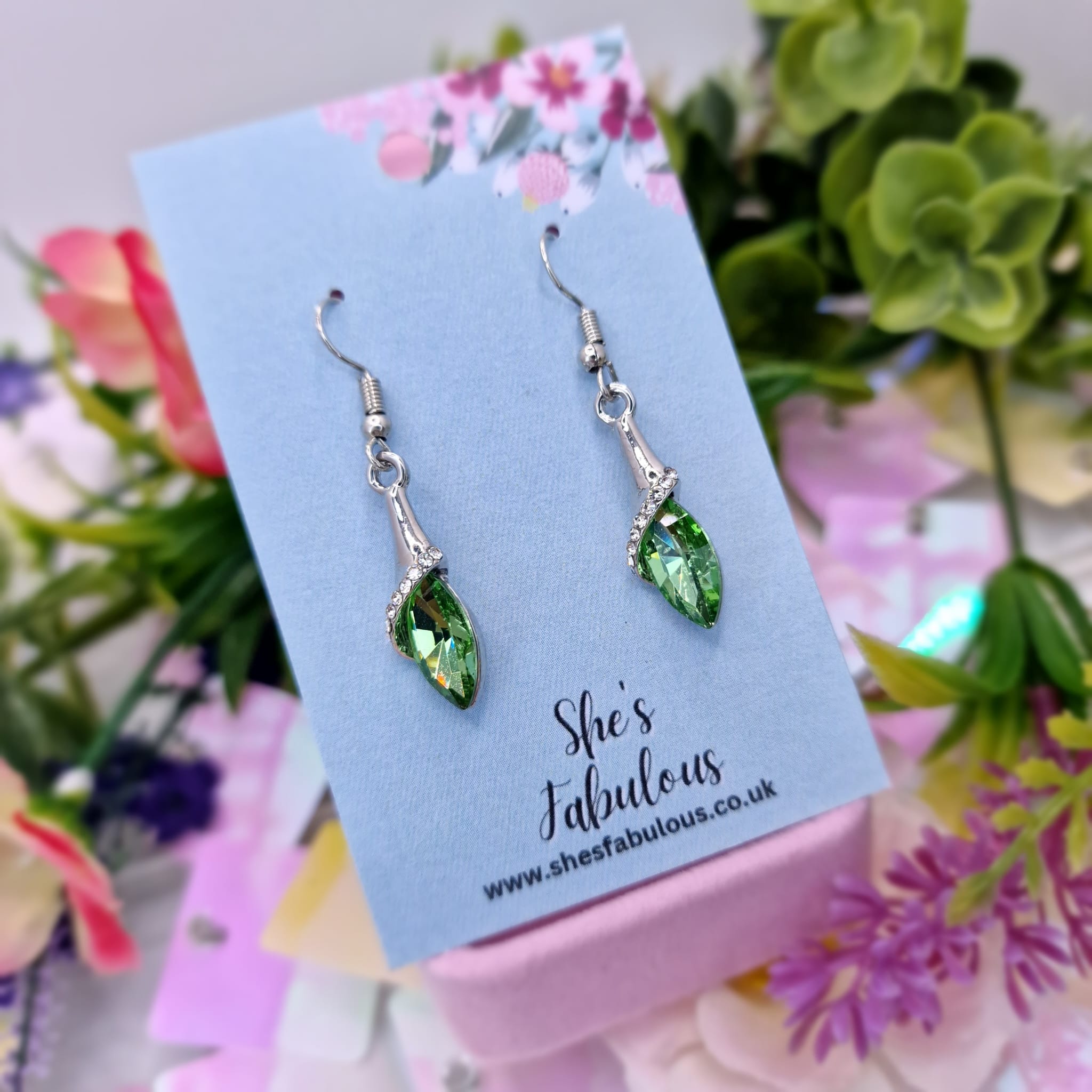 Elodie Green And Crystal Diamond Long Earrings