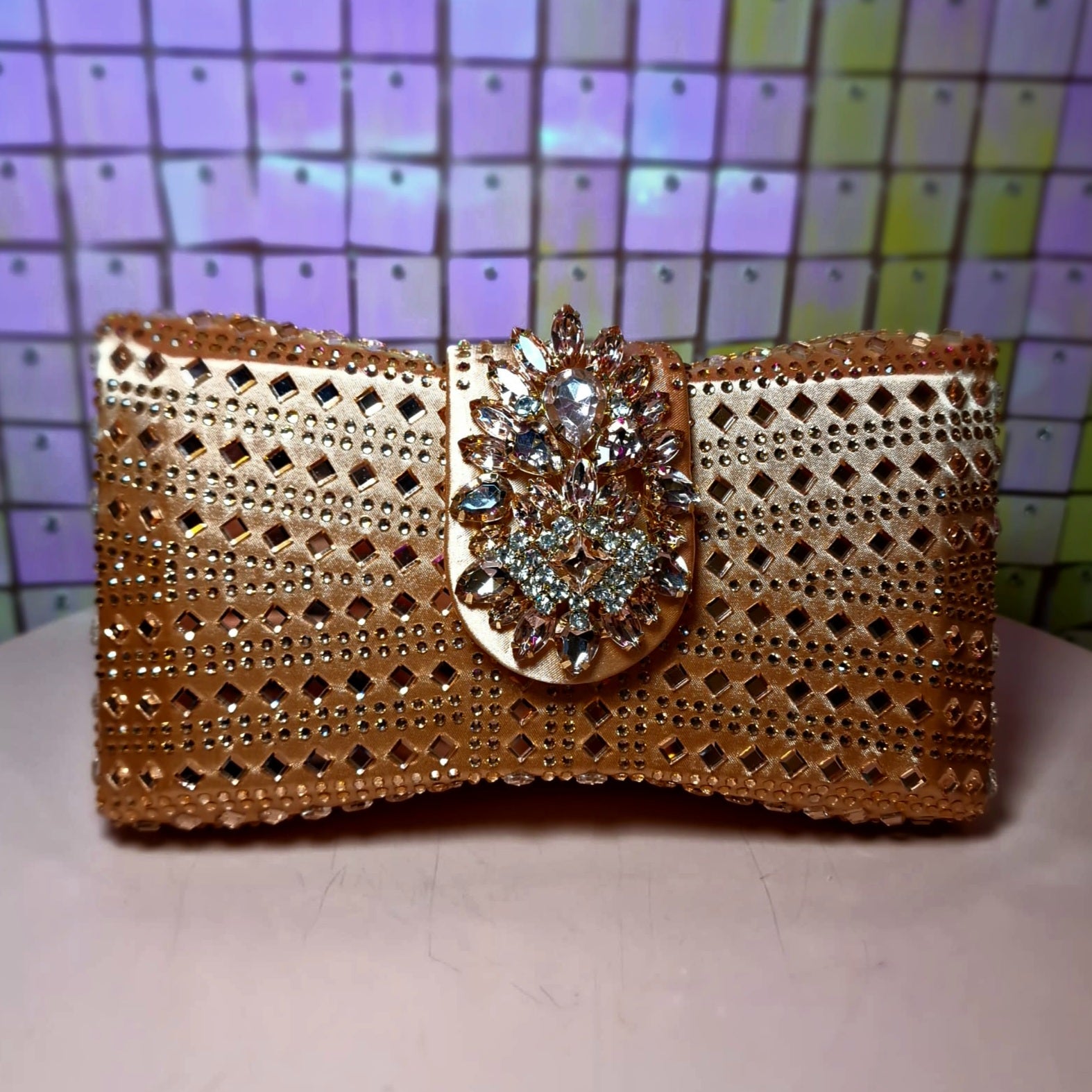 Clutch Handbag Flower Detail With Crystal Embellishment