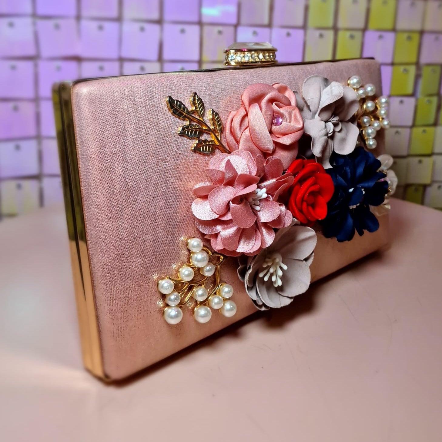 Pink floral clutch bag hot sale