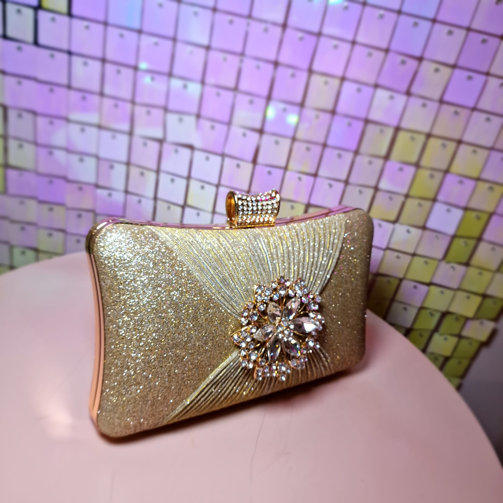 Rose Gold With Flower Detail Clutch Handbag