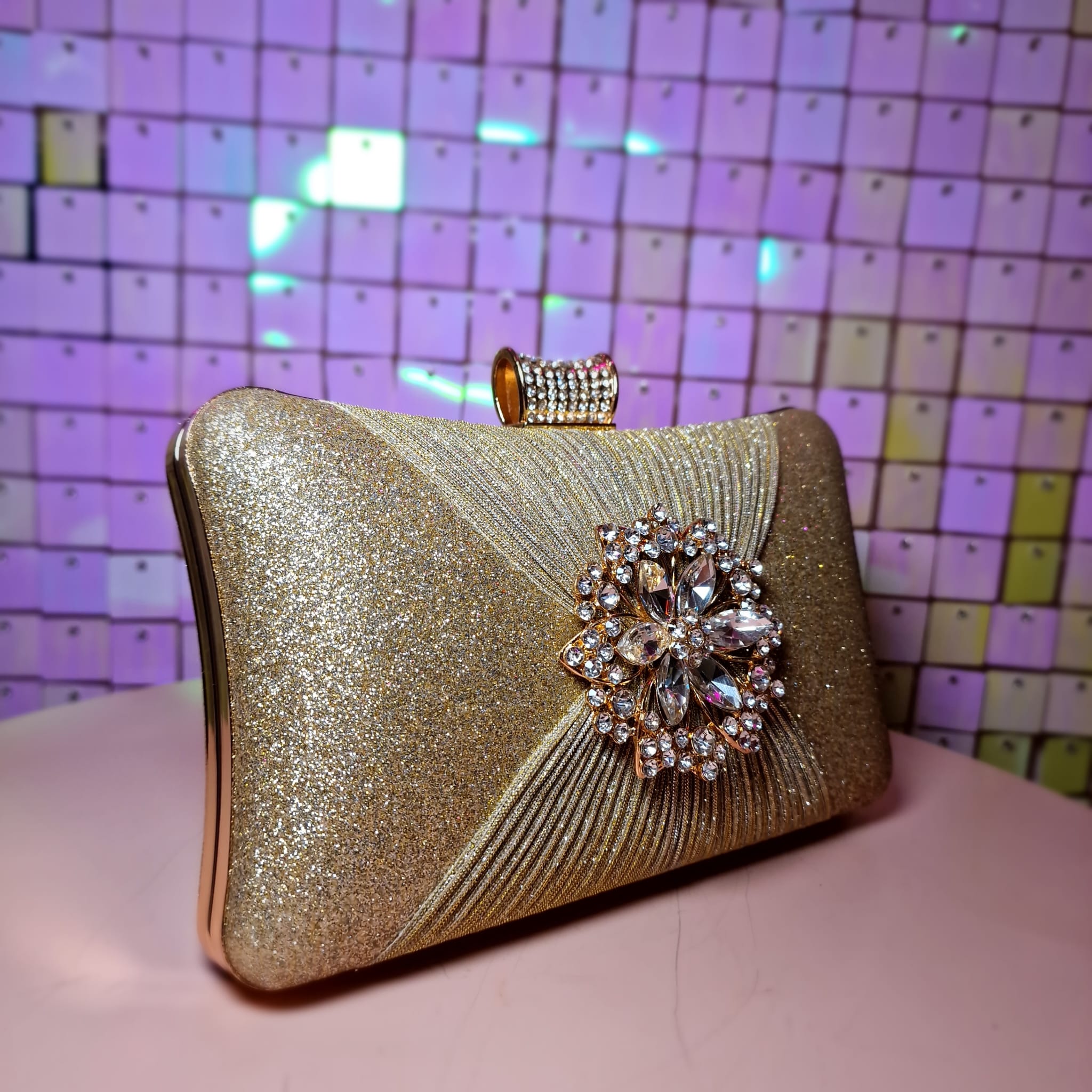 Rose Gold With Flower Detail Clutch Handbag
