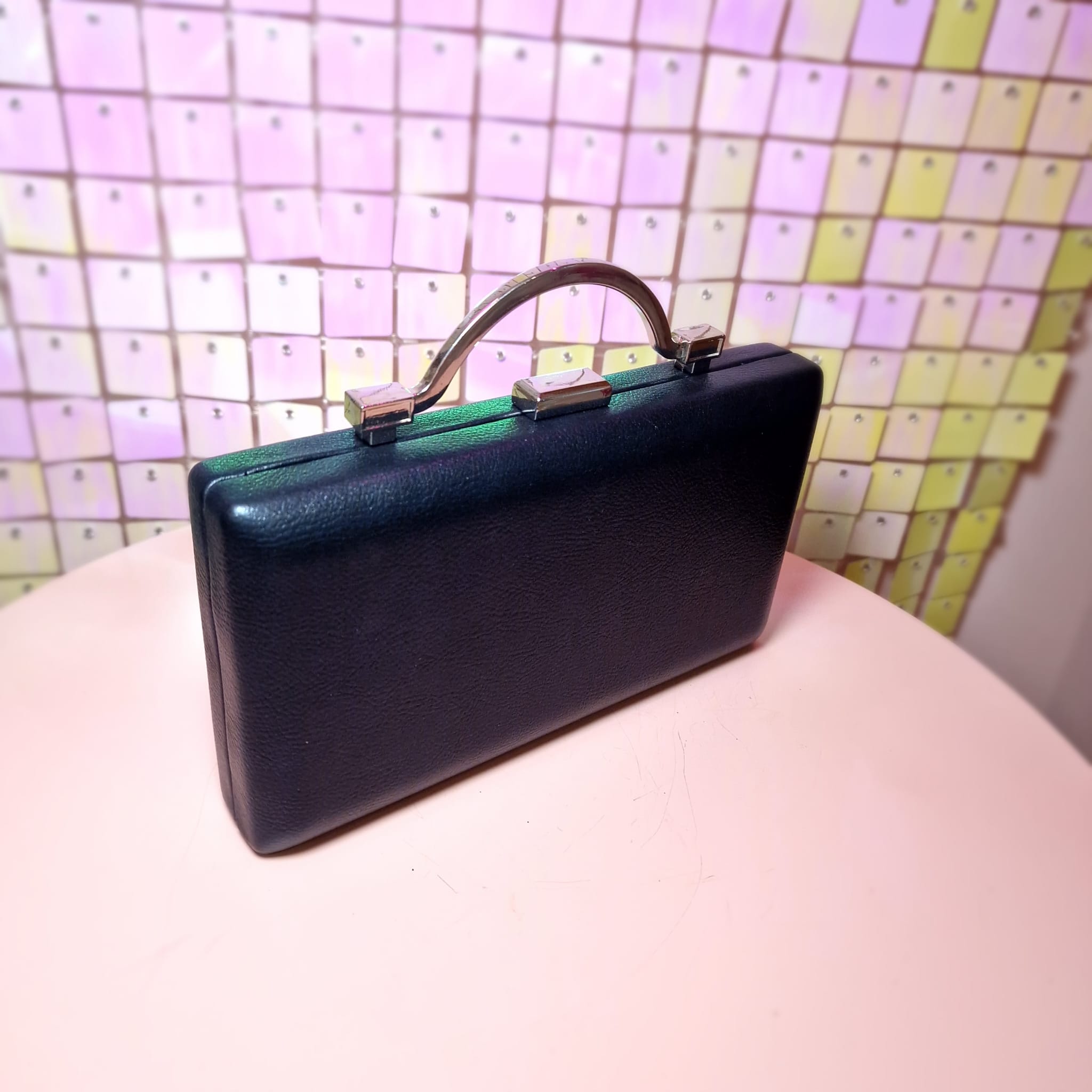 Matt Patent Black Clutch Bag With Chrome Handle