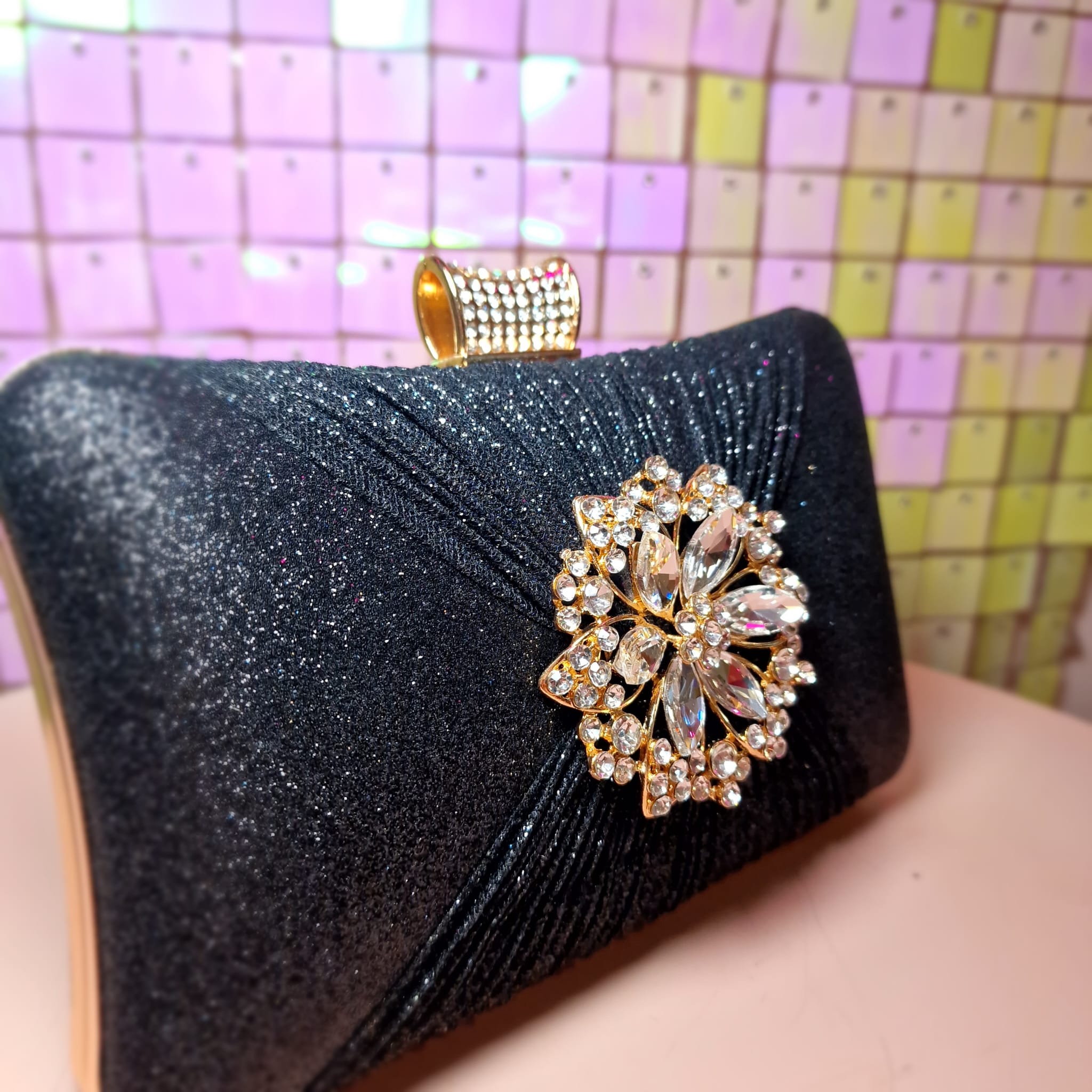 Black Glitter Diamond Flower Clutch Handbag