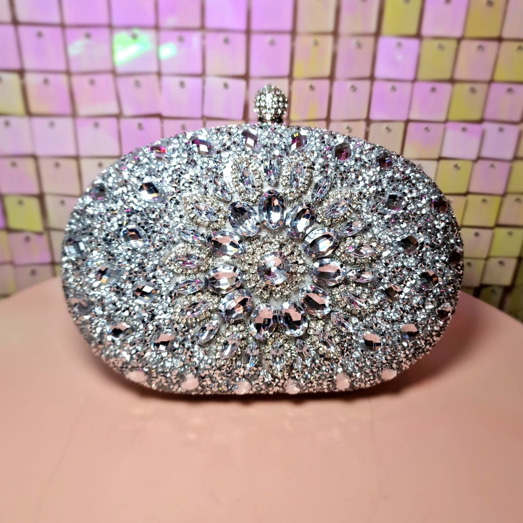Silver Diamante Rhinestone Clutch Handbag