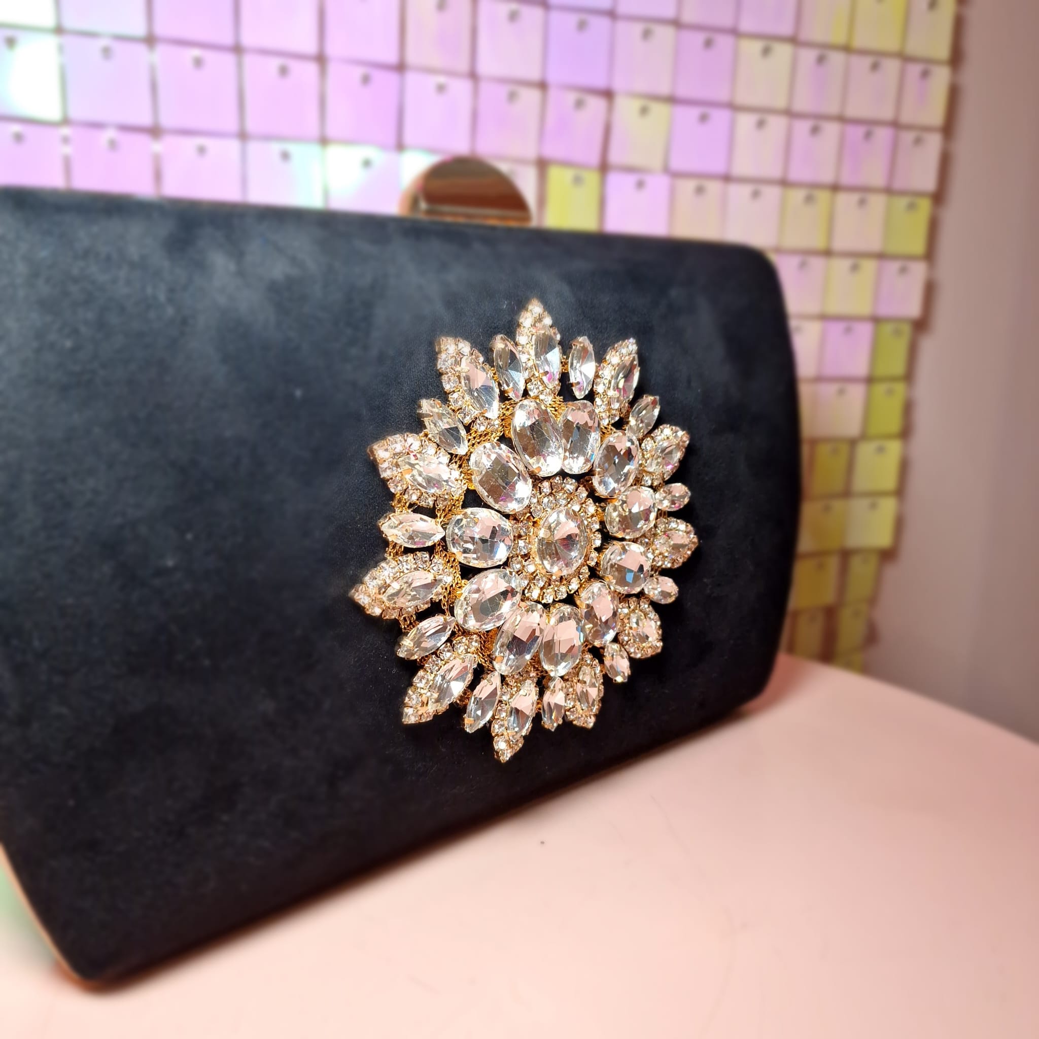 Round Floral Black Clutch Handbag