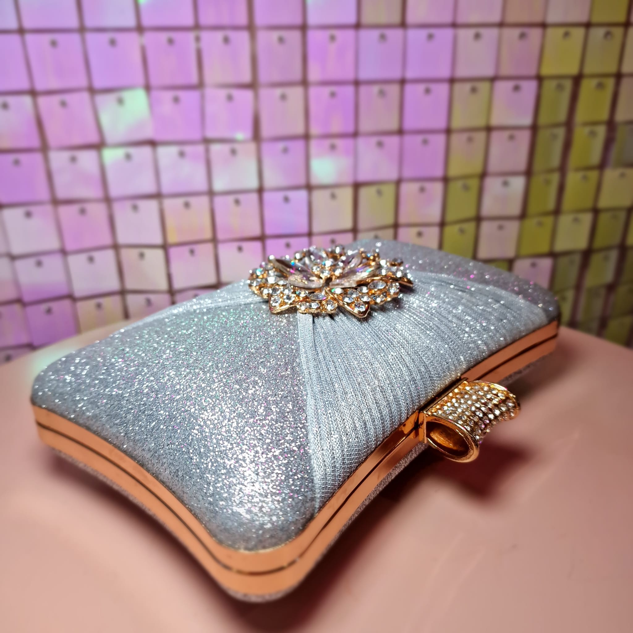 Silver With Flower Detail Clutch Handbag