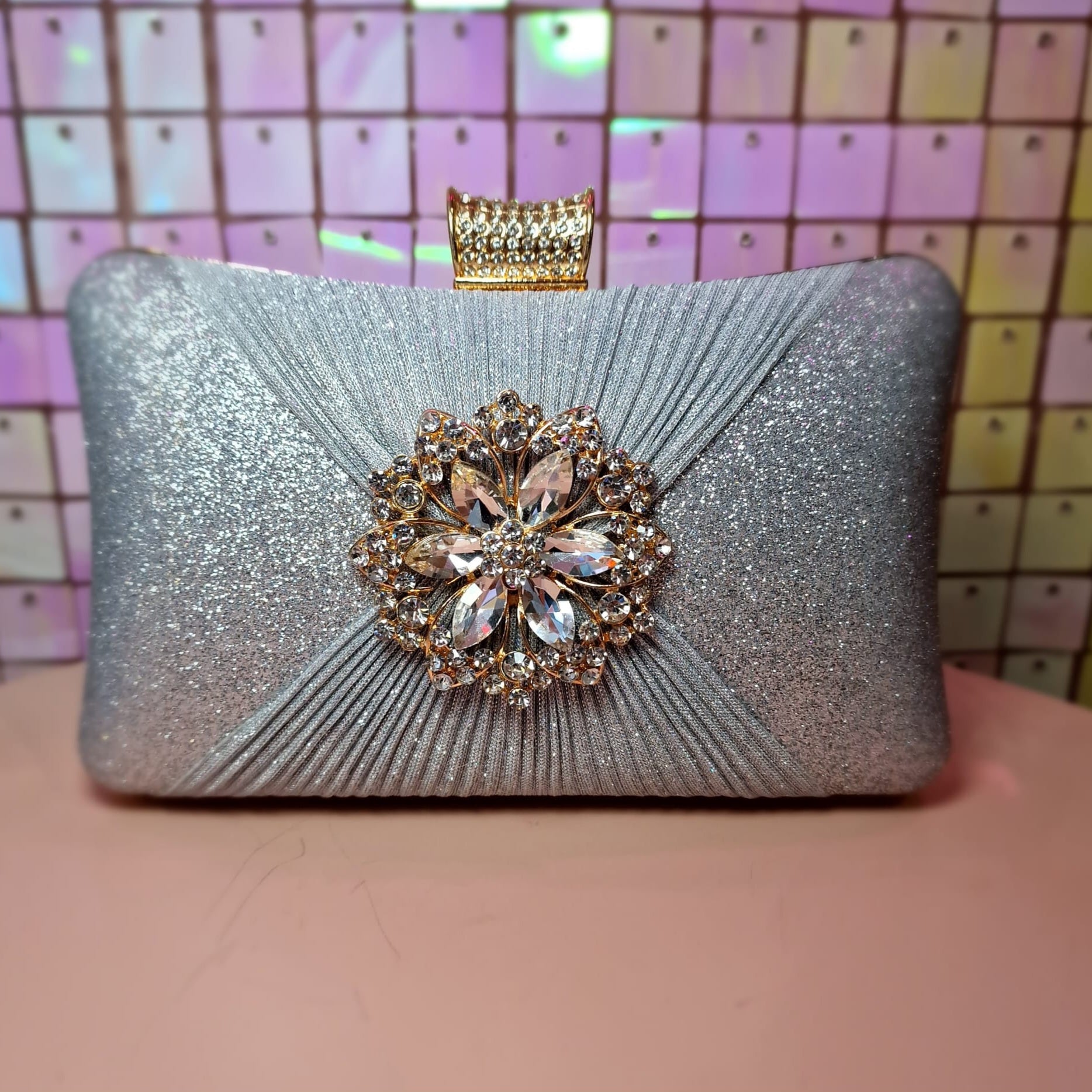 Silver With Flower Detail Clutch Handbag
