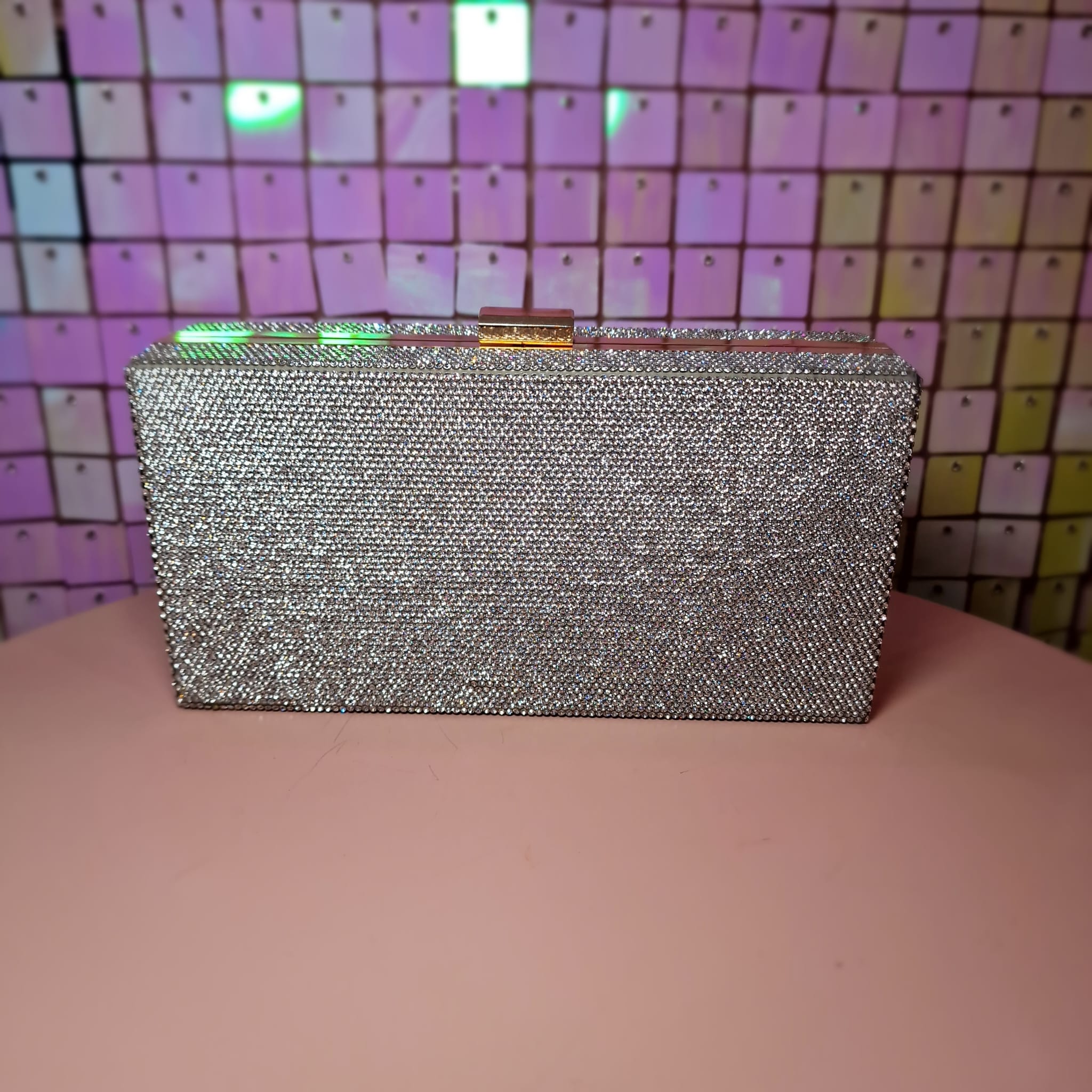 Silver Diamante Box Clutch Handbag