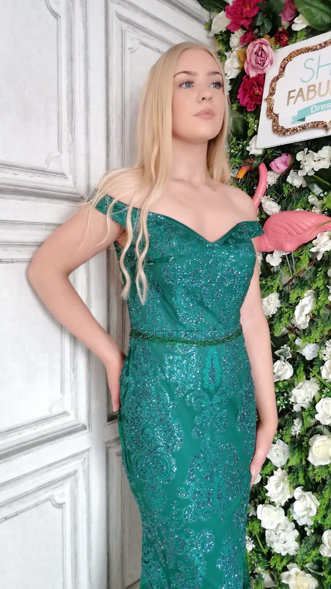 Victoria Emerald Green Off Shoulder Glitter Embellished Formal Prom Dress