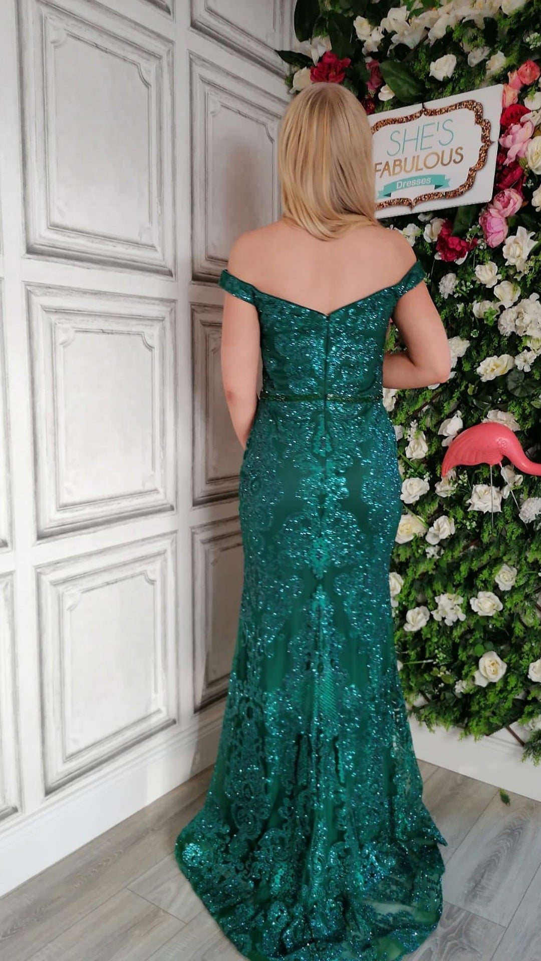 Victoria Emerald Green Off Shoulder Glitter Embellished Formal Prom Dress