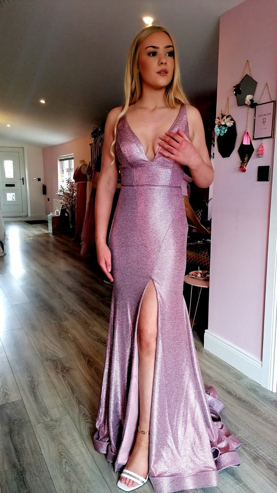 Rebecca Pink Metallic Shimmer Fabric High Split Leg Formal Prom Dress