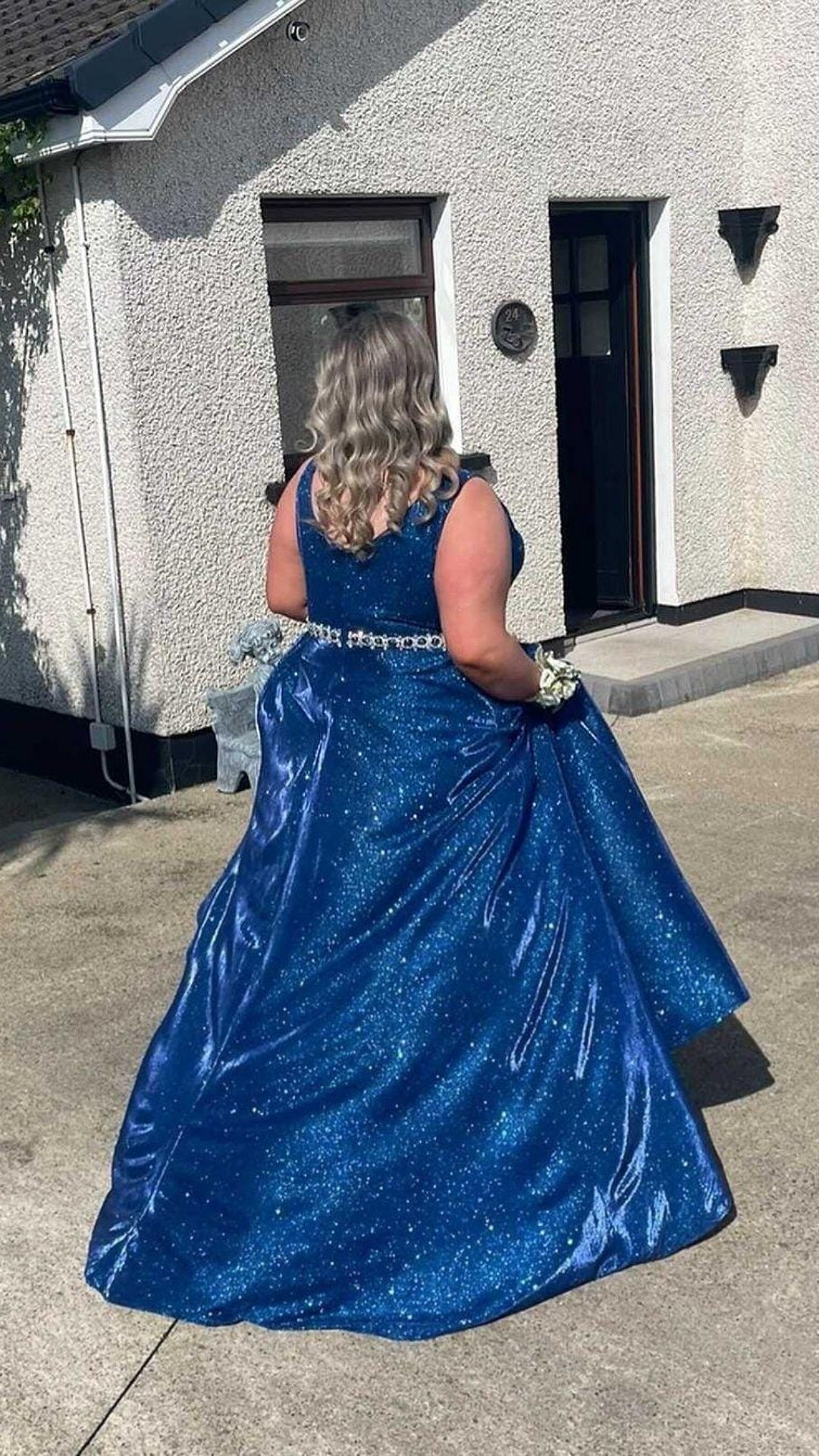 Leona Royal Blue Sparkle Glitter Plunge Neck Ball gown Formal Prom Dress