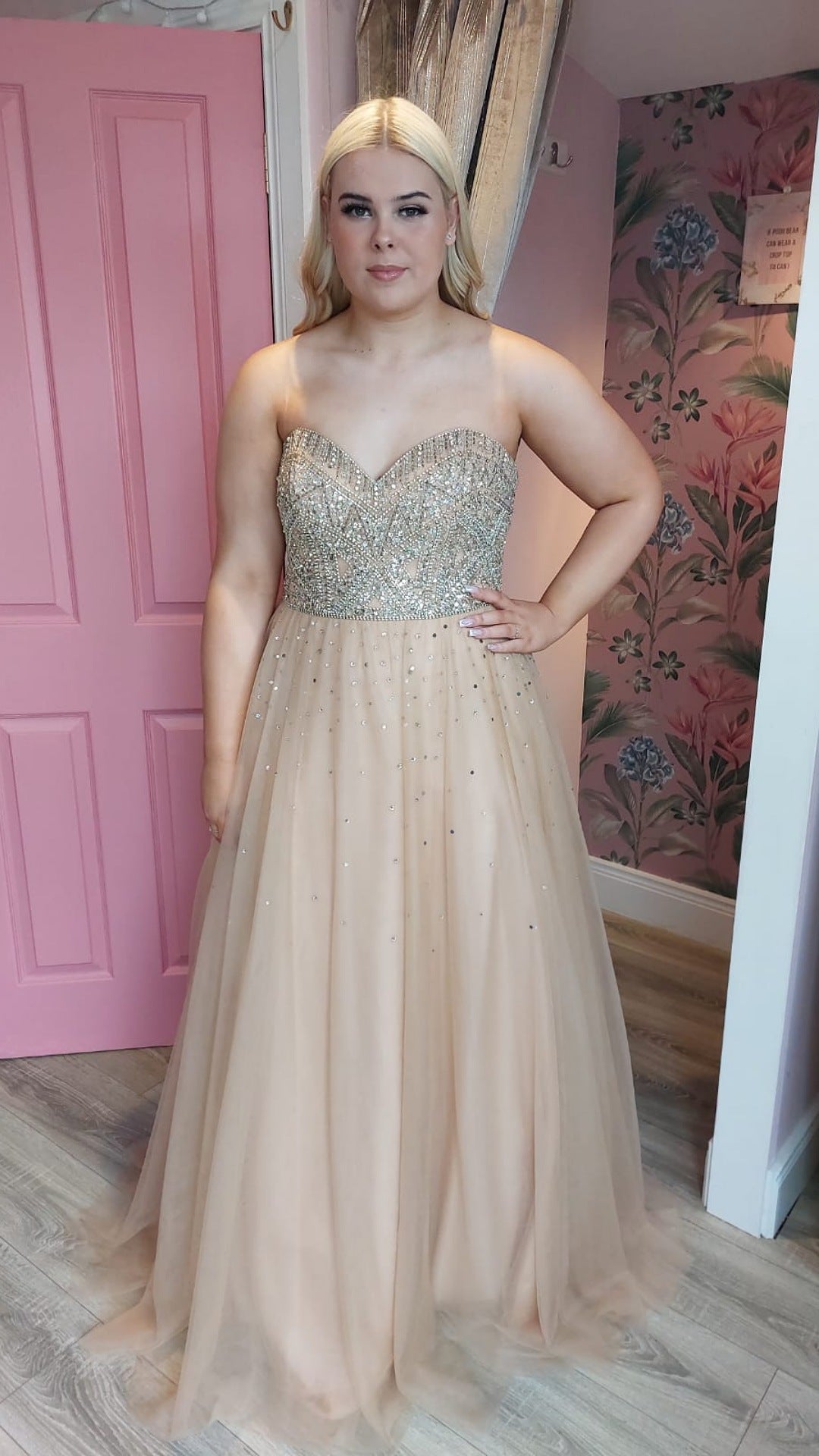 Gabriella Champagne Beaded Bodice Stapless Low Back Formal Prom Dress