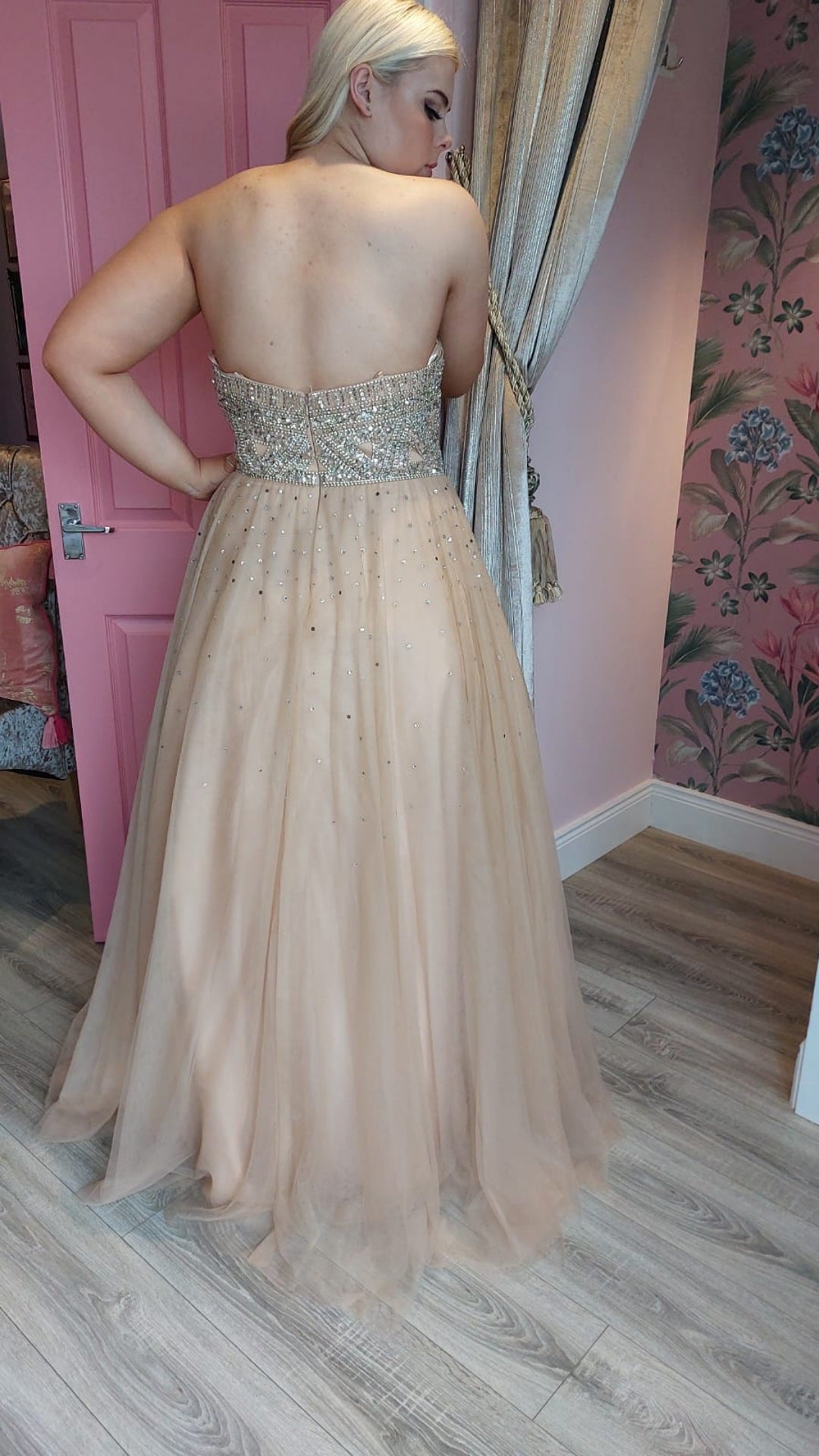Gabriella Champagne Beaded Bodice Stapless Low Back Formal Prom Dress