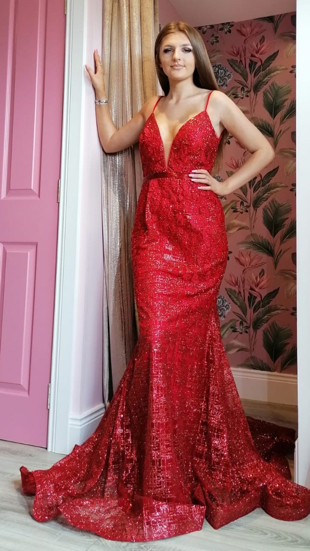 Rosie Red Skinny Strapped Backless Flowing Trail Formal Prom Dress