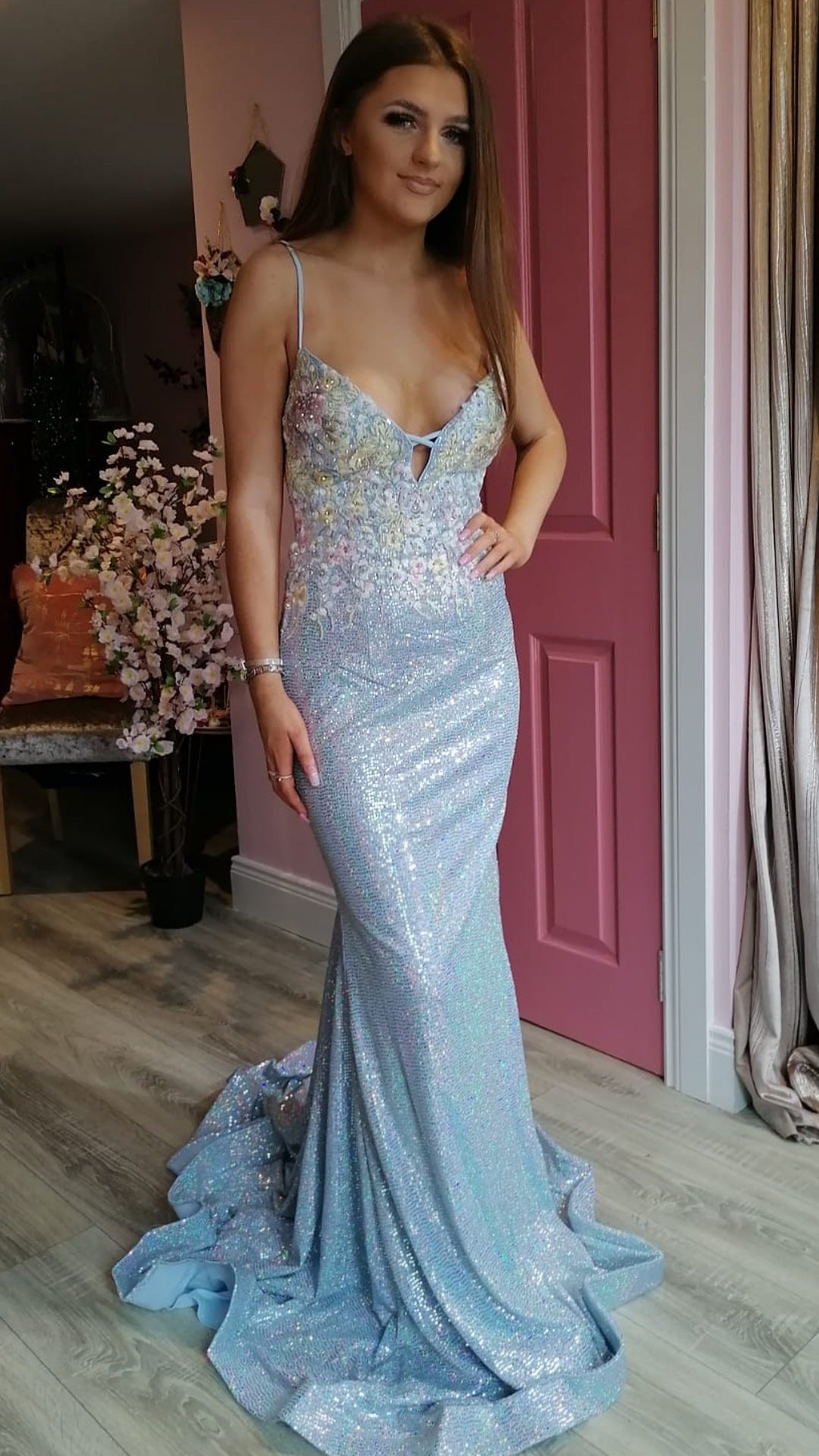 Emer Light Blue Embroidered and Sequin Metallic Lace Up Backless dress Formal Prom