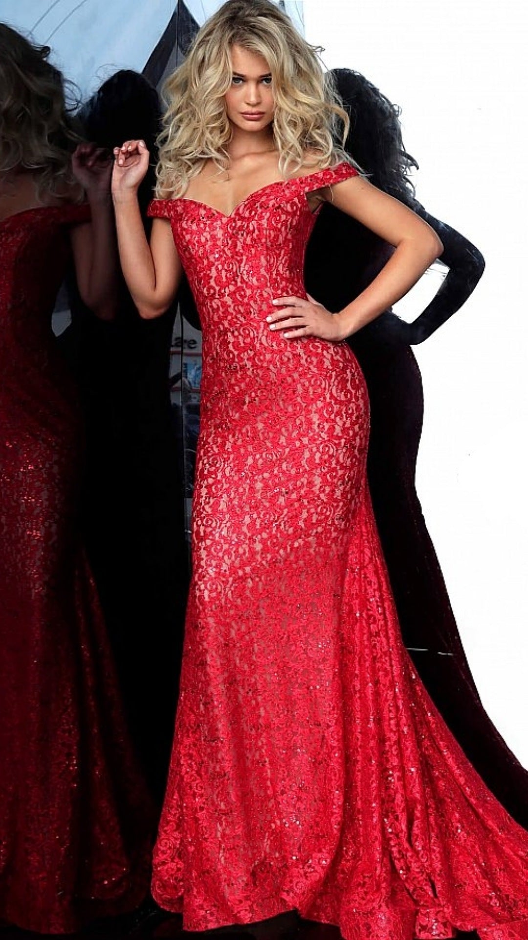Casie Red Laced Flowing Trail Of The Shoulder Formal Prom Dress