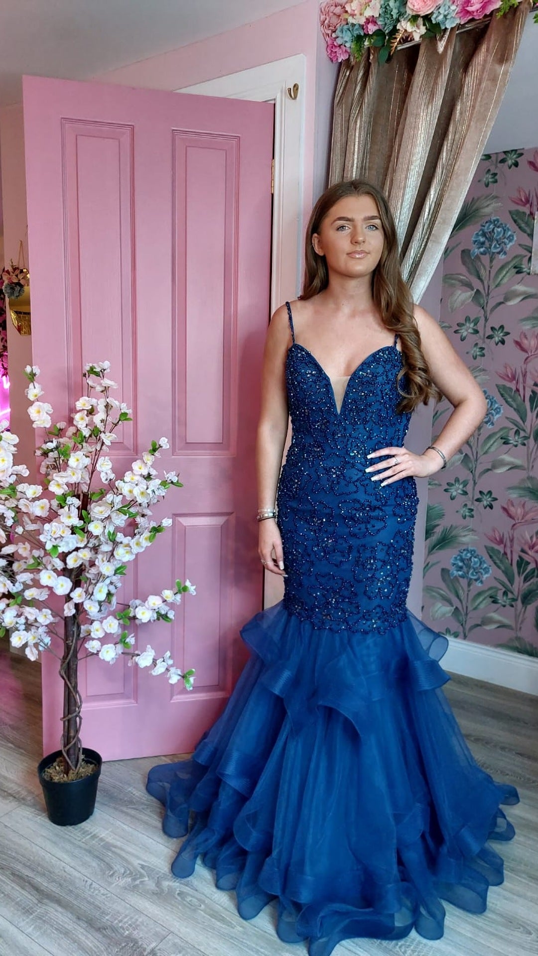 Taylor Blue Fishtail Beaded Formal Prom Dress