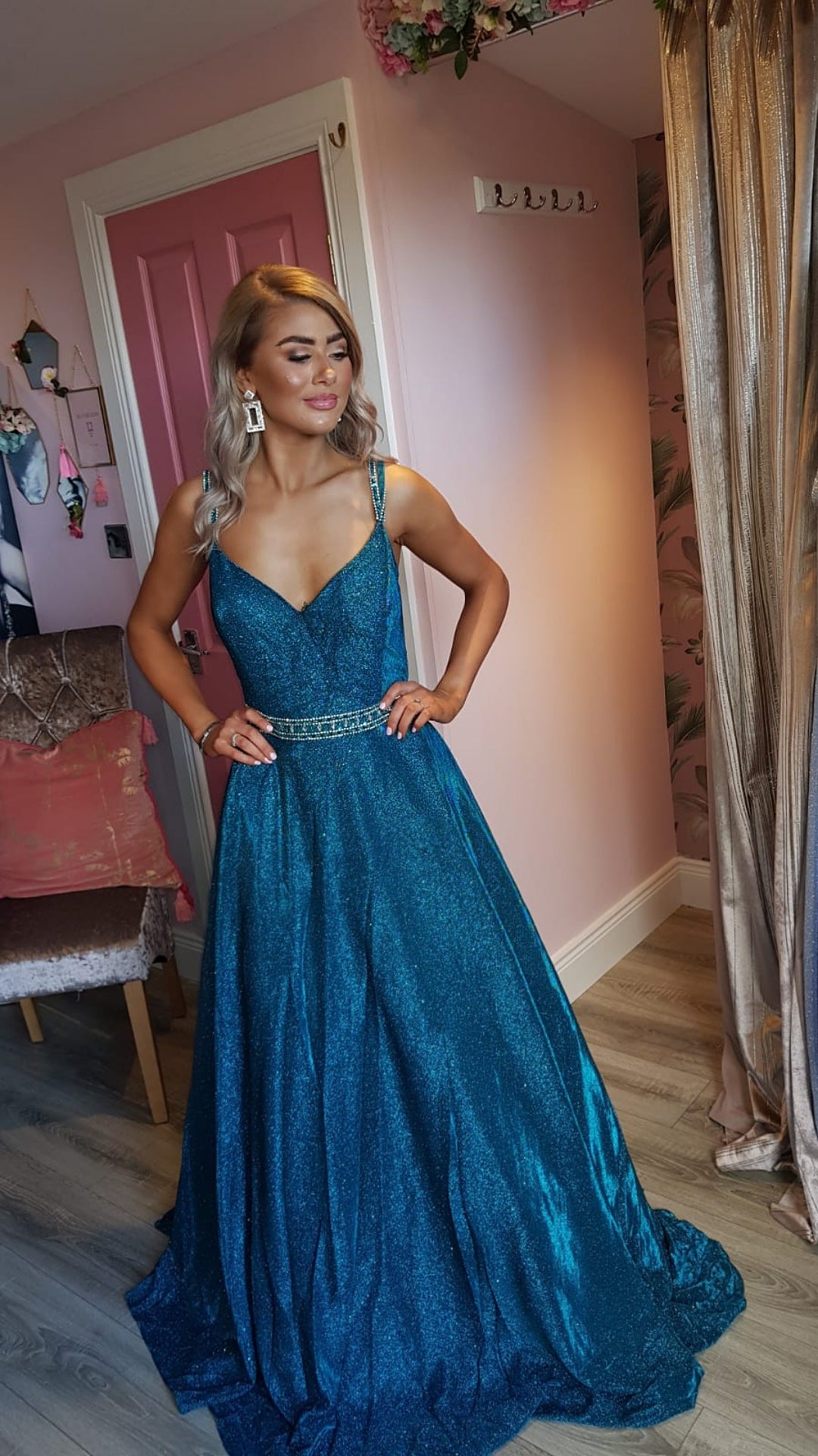 Alexa Blue Sparkle Skinny Strapped Ball gown Formal Prom Dress