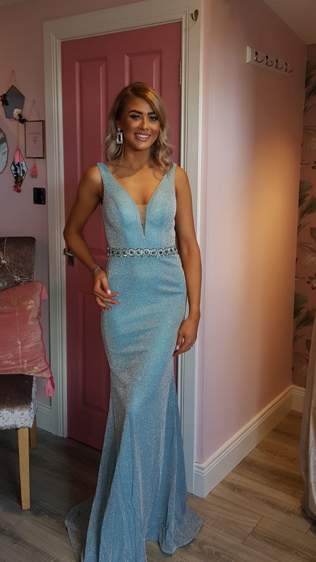 Leah Baby Blue Sparkly Glitter Metallic Formal Prom Dress