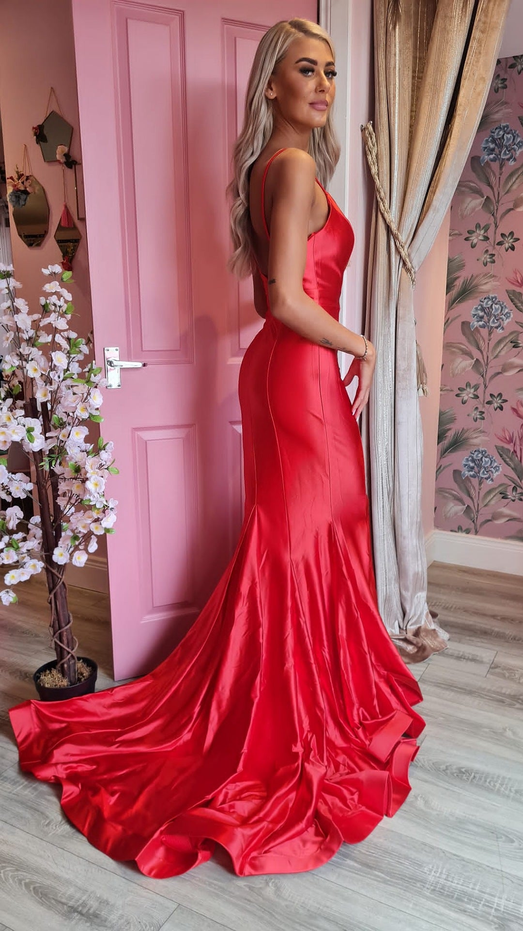 Jayla Red Low Back Shiny Satin Skinny Strapped Formal Prom Dress
