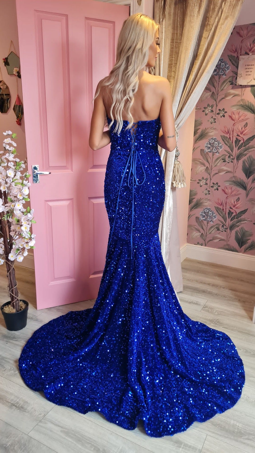 Anastasia Blue V Neck Sequin Strapless Sparkly Formal Prom Dress