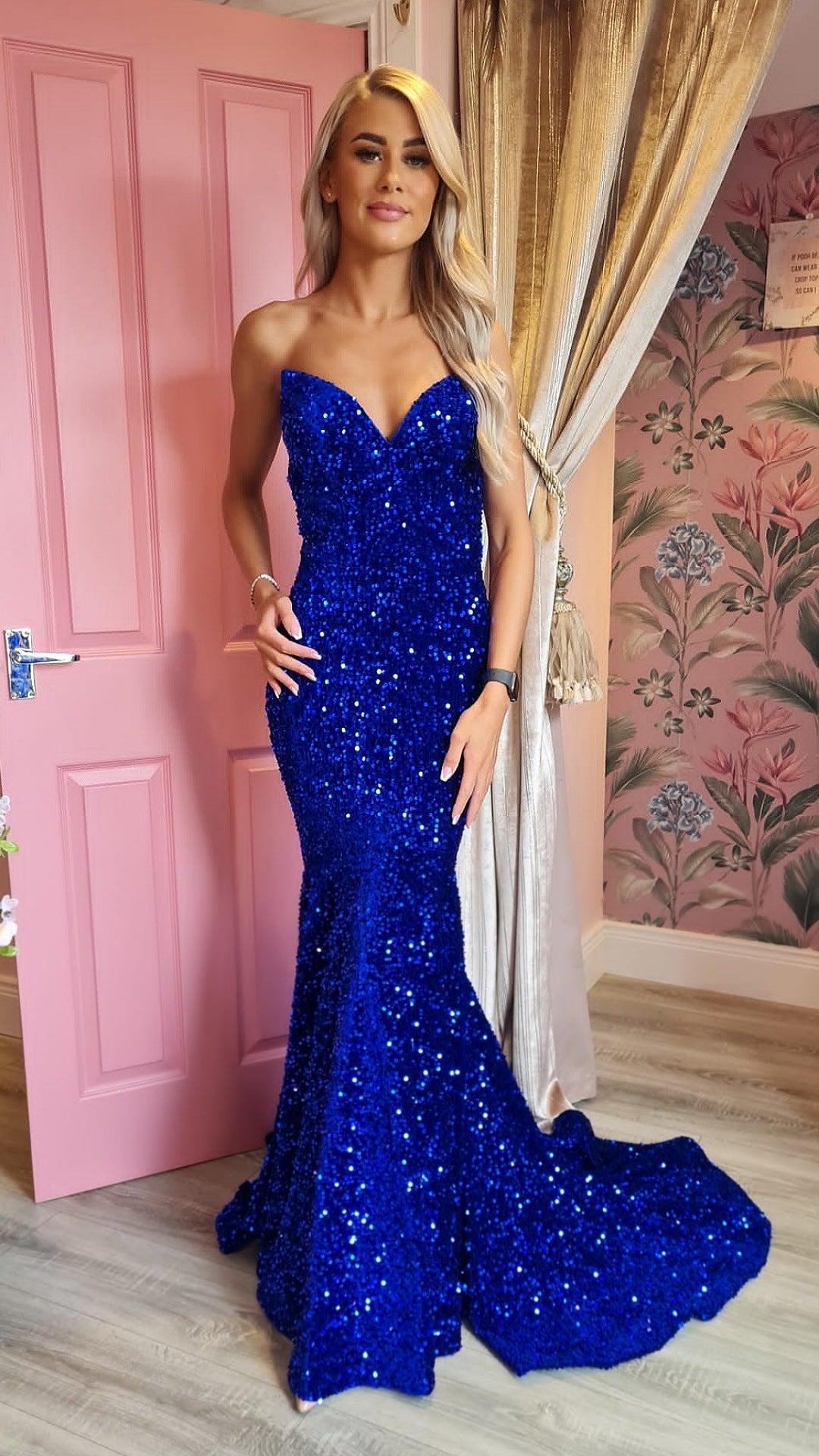 Anastasia Blue V Neck Sequin Strapless Sparkly Formal Prom Dress