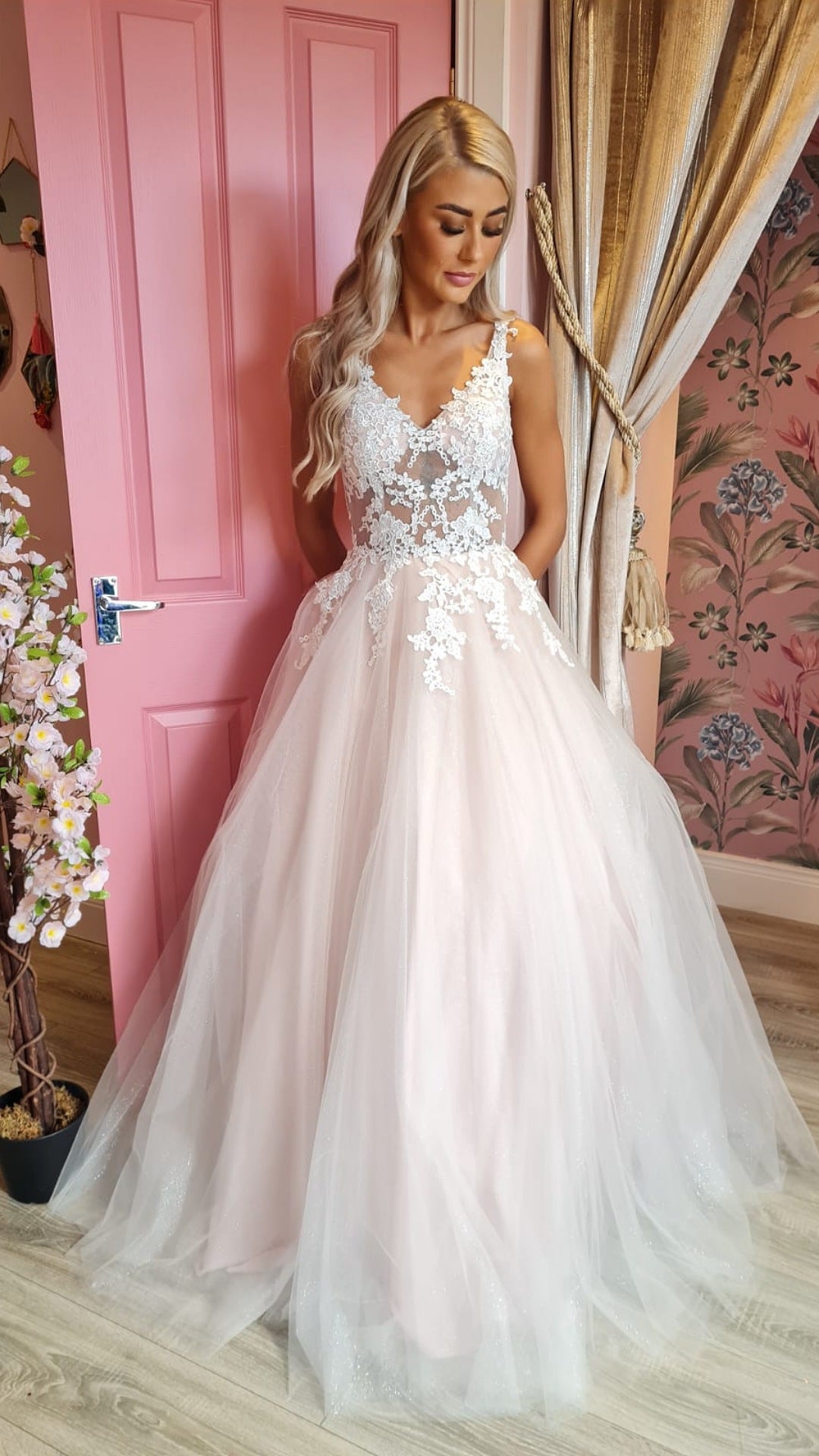 Brooklyn Blush Pink V Neck Laced Detail Bodice Ball Gown Formal Prom Dress