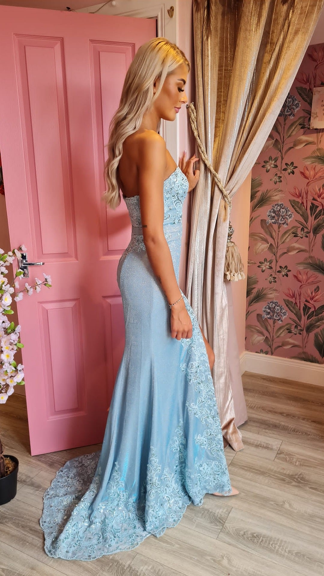Alena Pale Blue Strapless Embroidered Detail Leg Split Formal Prom Dress