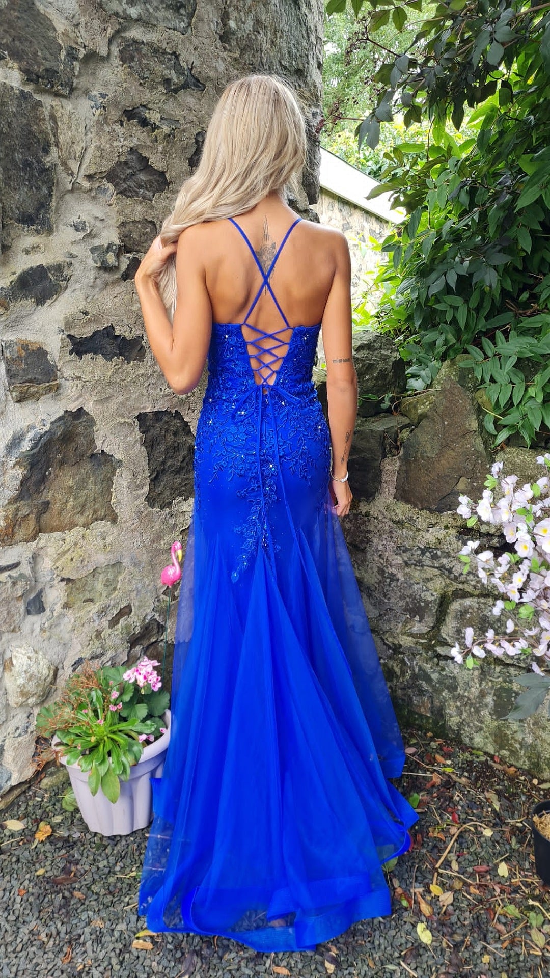Natasha Blue Embroidered Bodice With Laced Back Formal Prom Dress