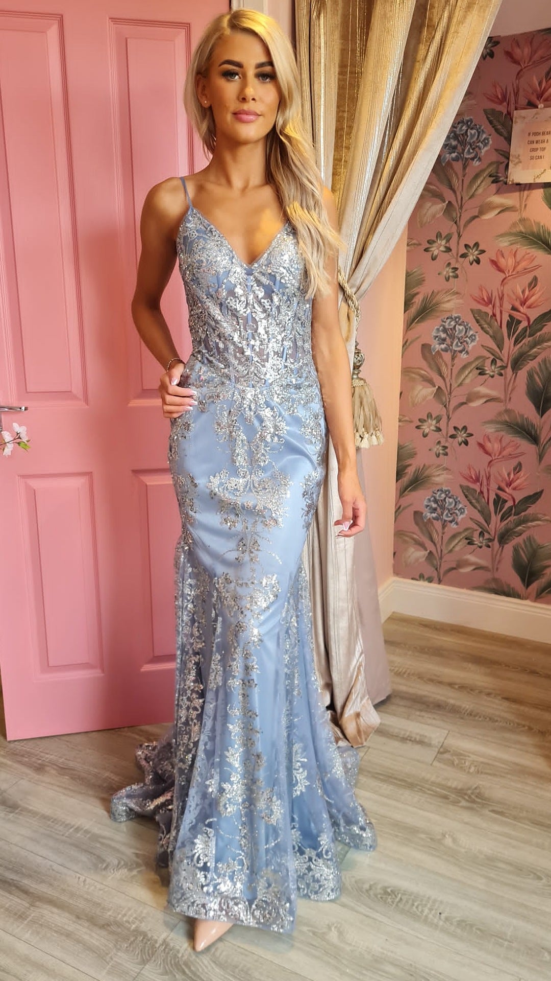 Annika Powder Blue V Neck Embellished Corset Skinny Strapped Formal Prom Dress