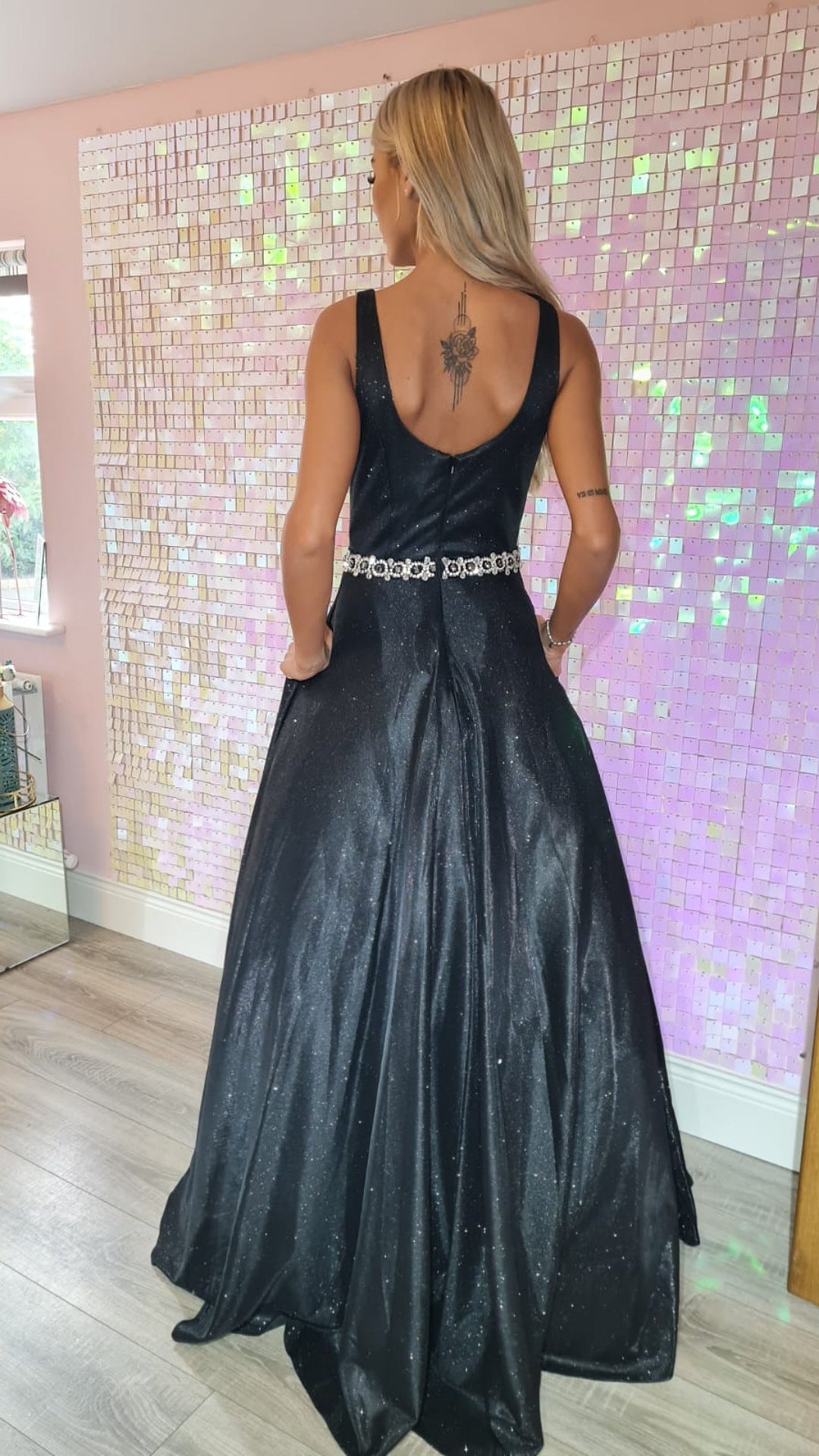 Leona Black Sparkle Glitter Plunge Neck Ball gown Formal Prom Dress