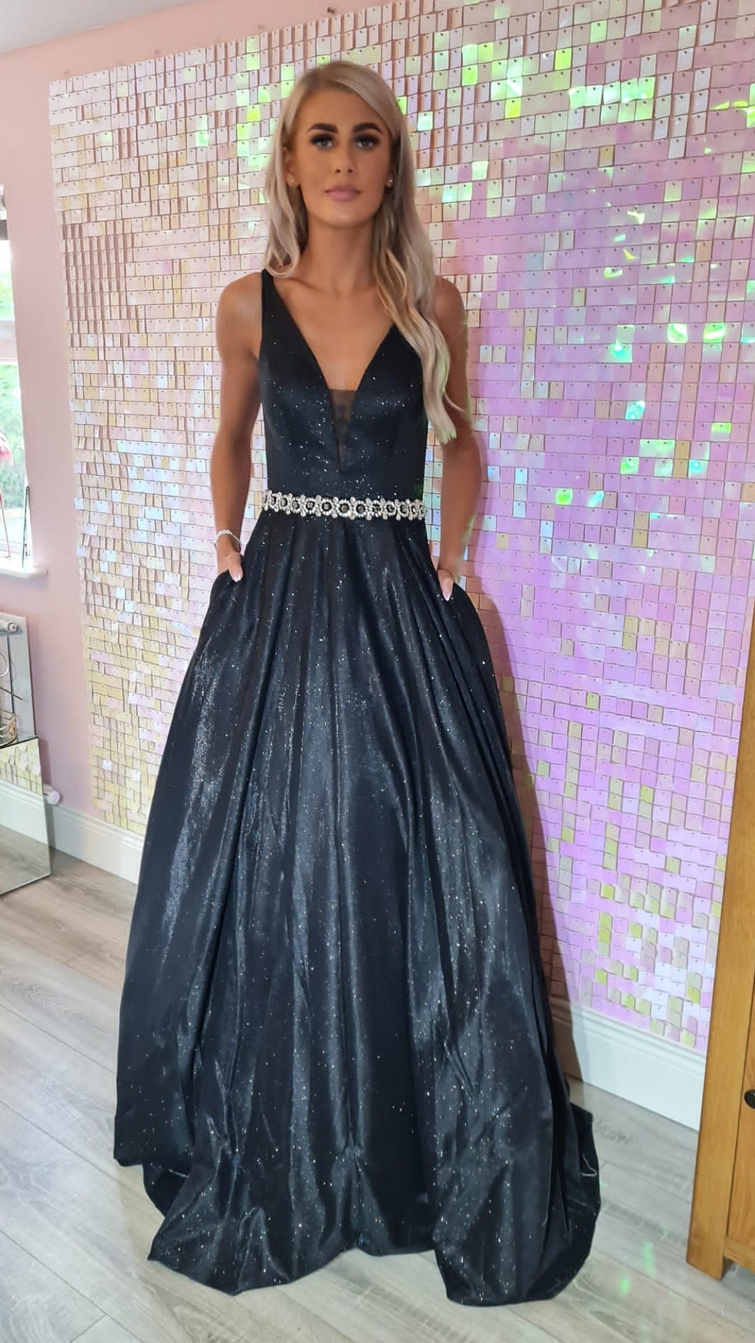 Leona Black Sparkle Glitter Plunge Neck Ball gown Formal Prom Dress