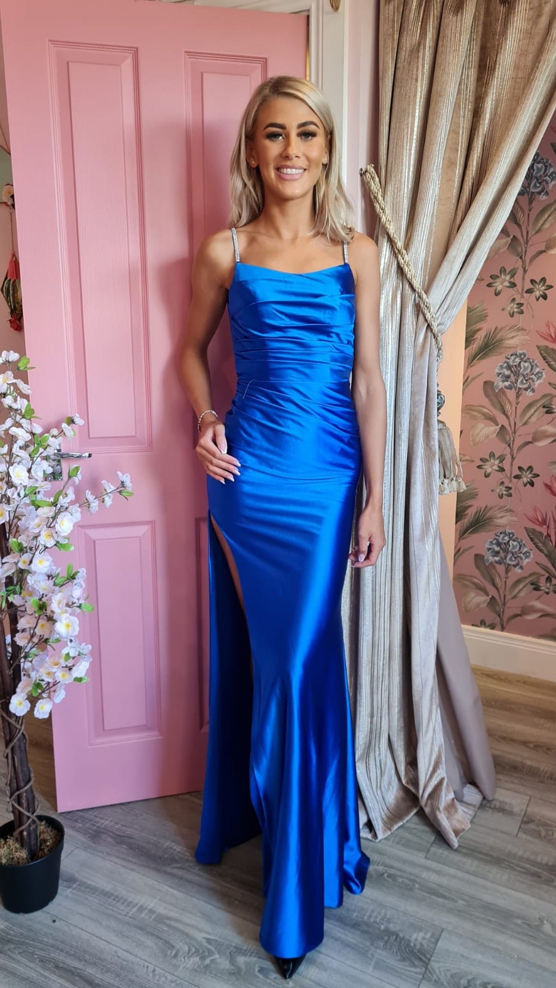 Acacia Royal Blue Side Leg Split Shiny Satin Diamond Strap Formal Prom Dress