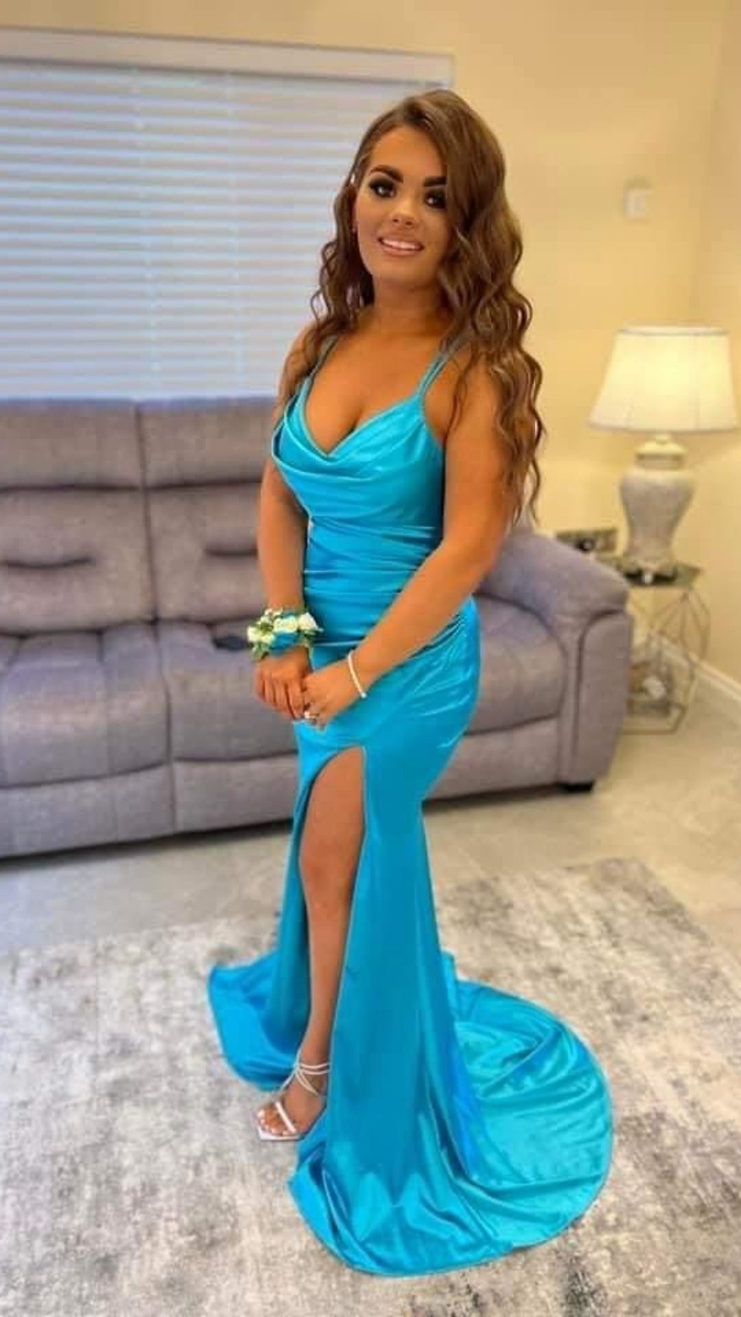 Julianna Turquoise Leg Split With Or Without Belt Laced Back Formal Prom Dress