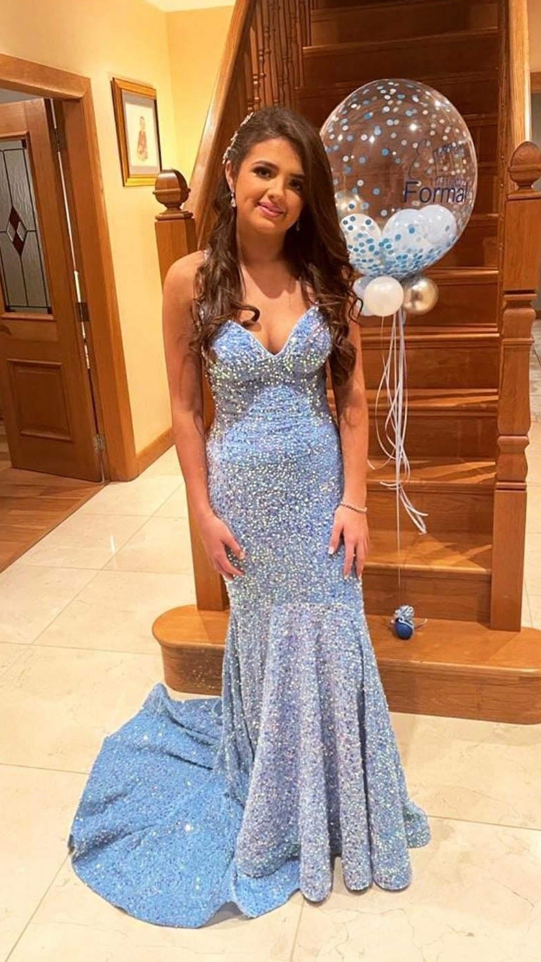 Anastasia Powder Blue V Neck Sequin Strapless Sparkly Formal Prom Dress