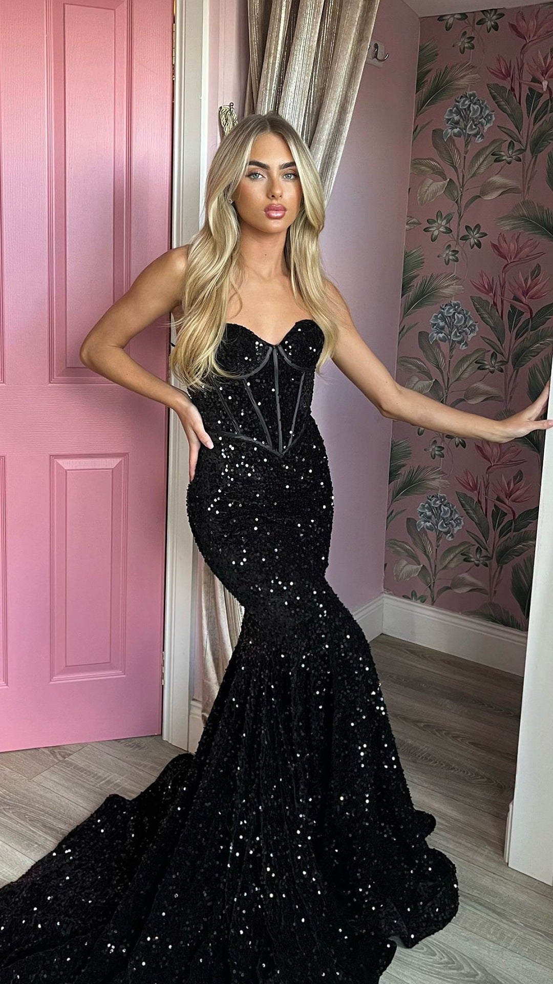 Poppy Black Sequin Corset Strapless With Low Back Formal Prom Dress