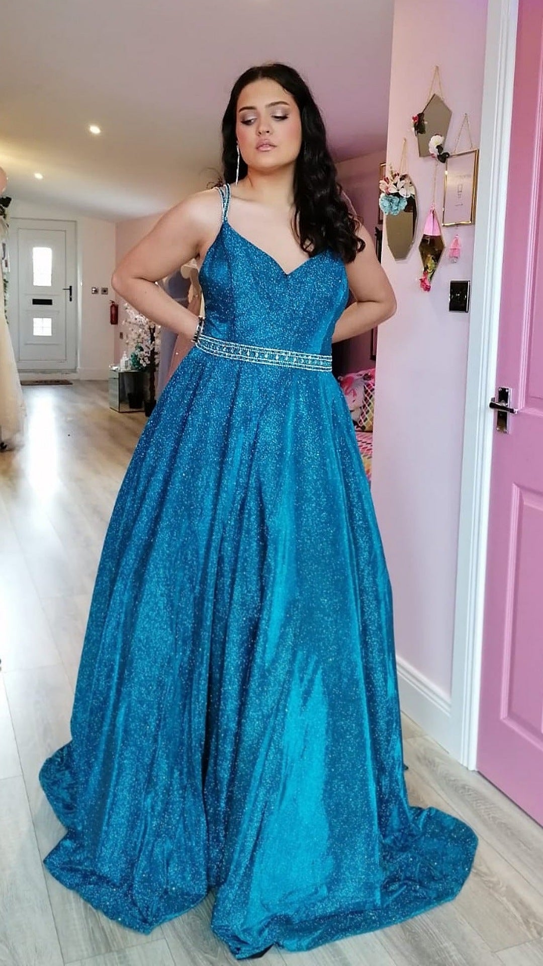 Alexa Blue Sparkle Skinny Strapped Ball gown Formal Prom Dress