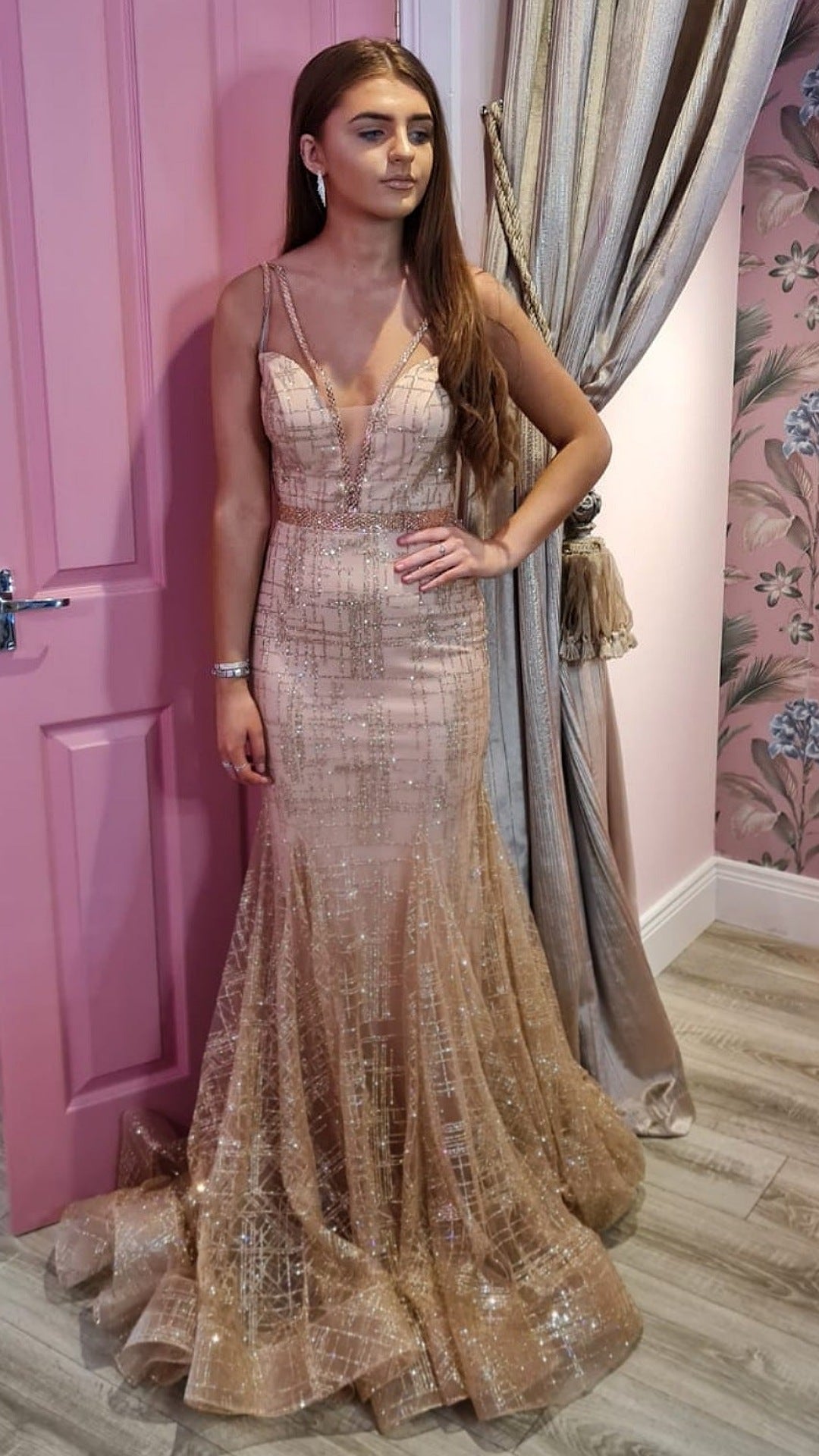 Carmela Rose Gold Glitter Formal Prom Dress