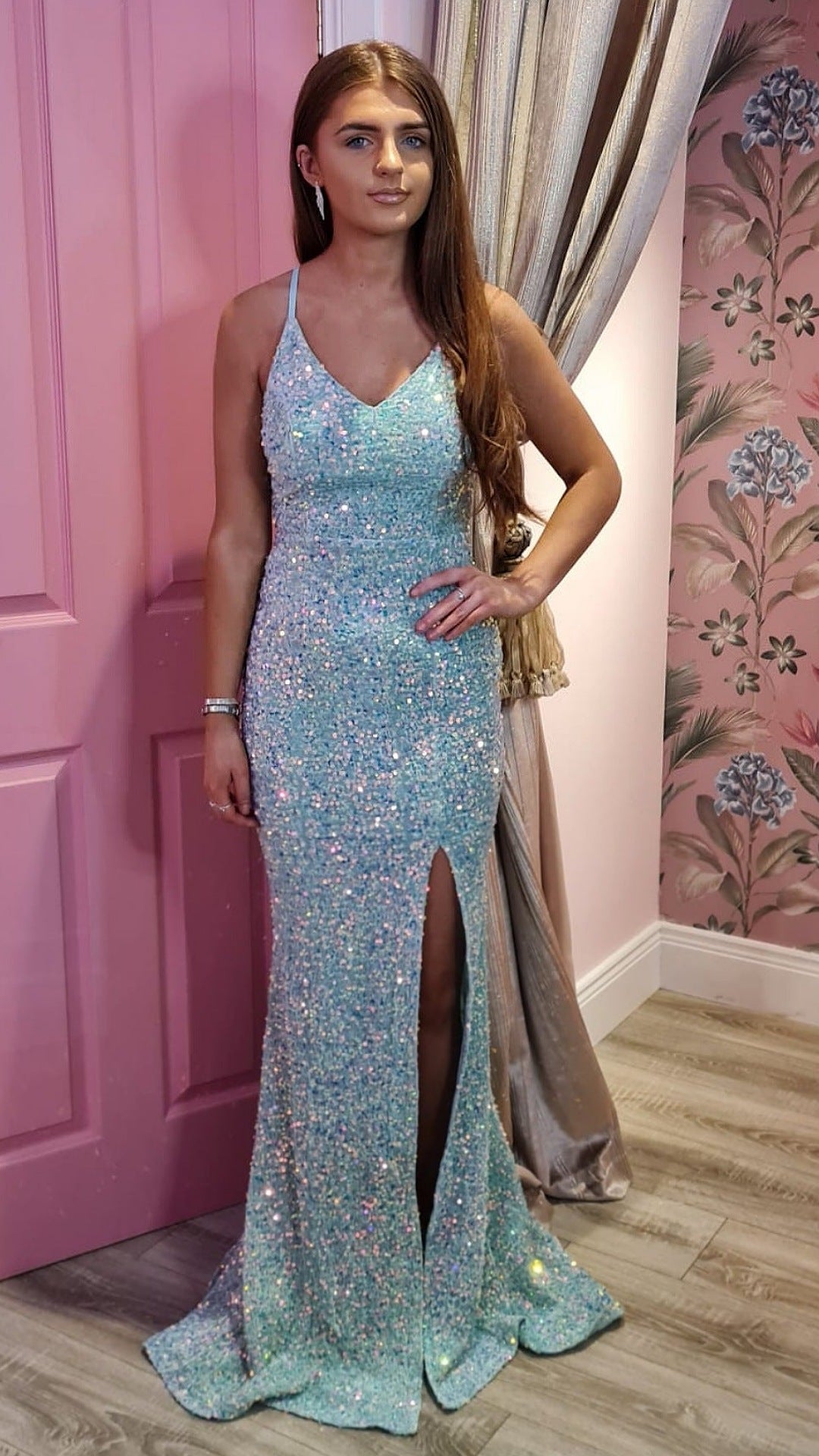 Dahlia Blue Split Leg Sequin Formal Prom Dress