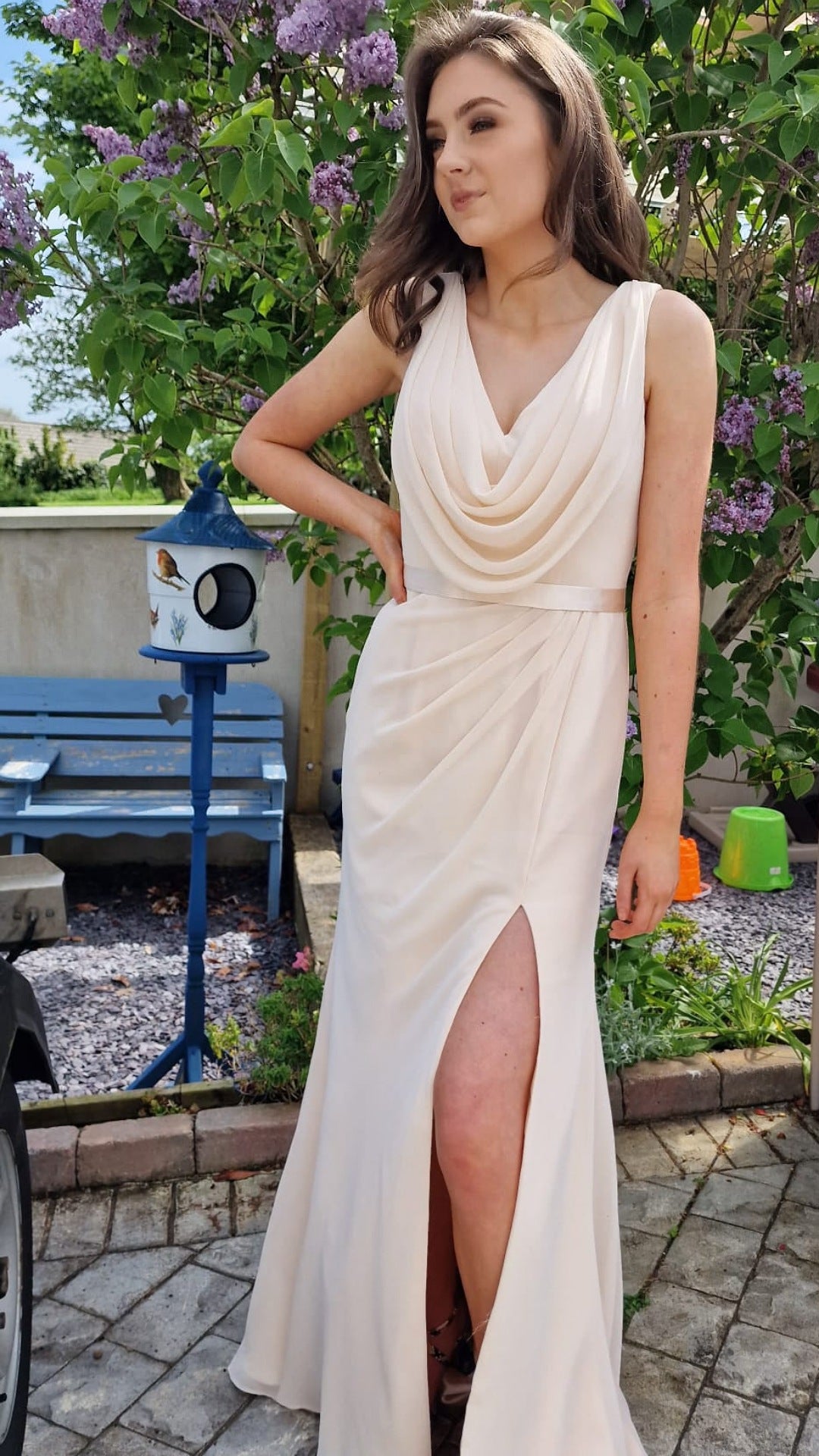 Elsie Champagne Ivory Chiffon Cowl Neck With Satin Band And Leg Split Bridesmaids Dress
