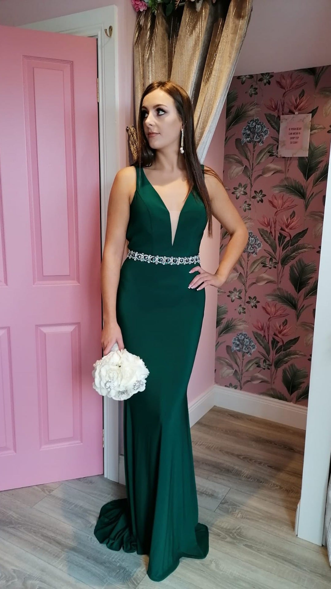 Leah Emerald Green Pearl Band Backless Bridesmaids Dress