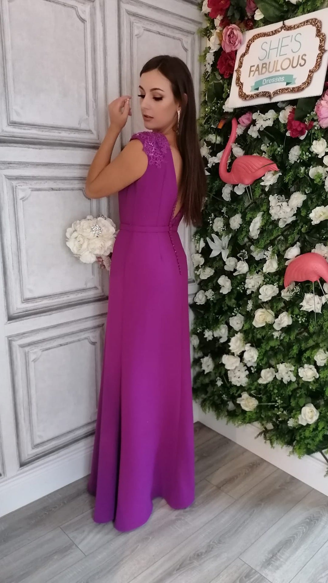 Caroline Magenta Purple V Neck Laced Shoulder Cap Bridesmaids Dress