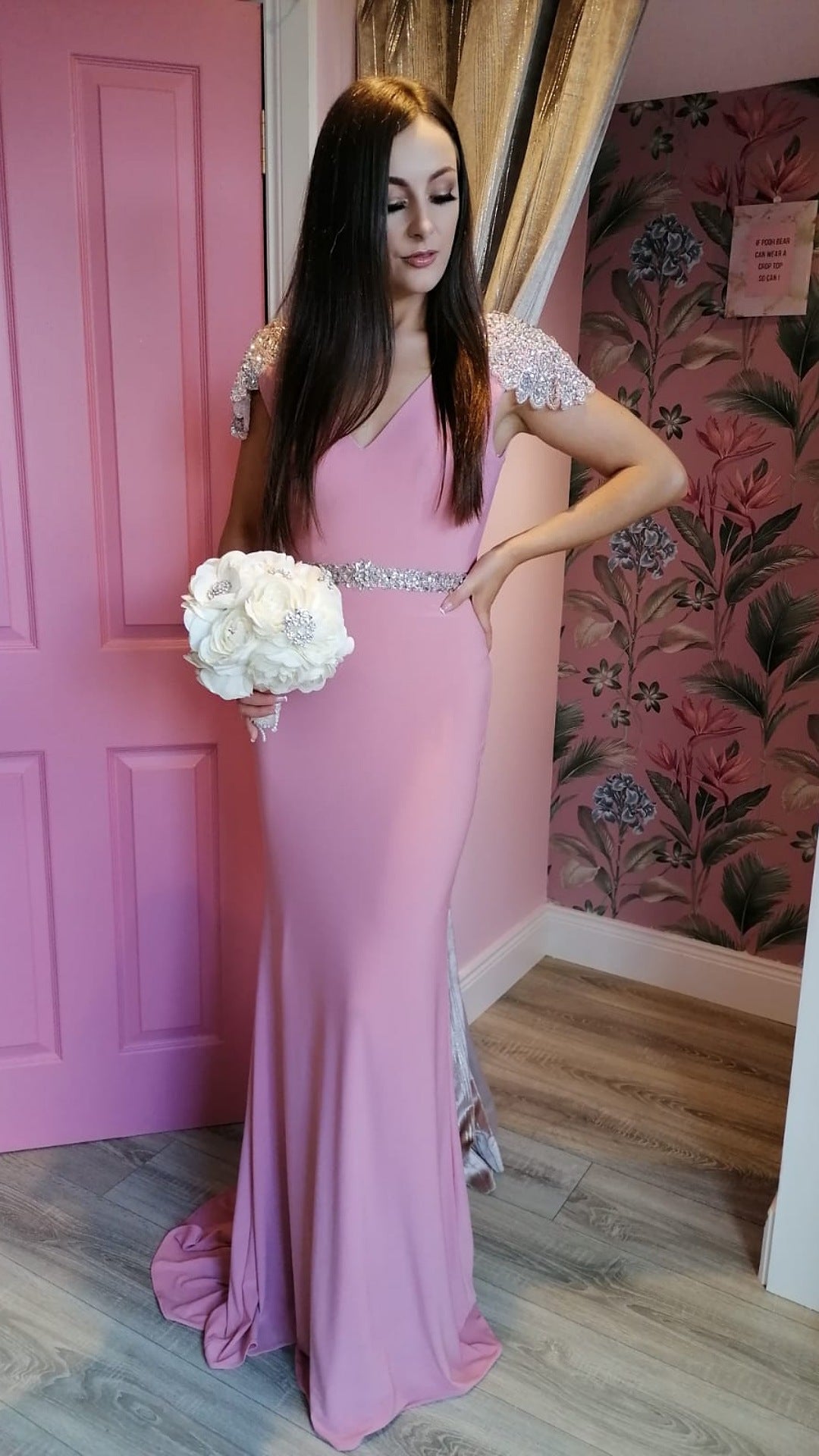 Sarah Pink V Neck Sequin Shoulder Cap Bridesmaids Dress