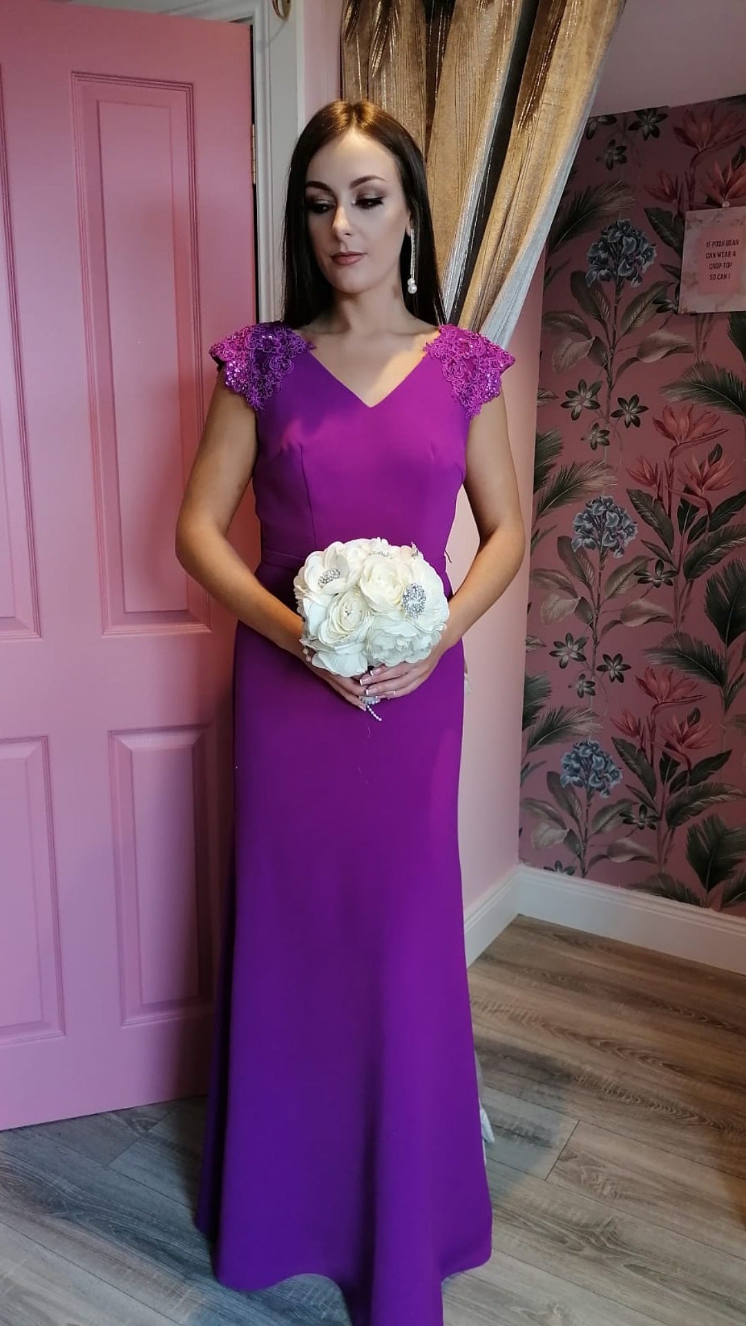 Caroline Magenta Purple V Neck Laced Shoulder Cap Bridesmaids Dress